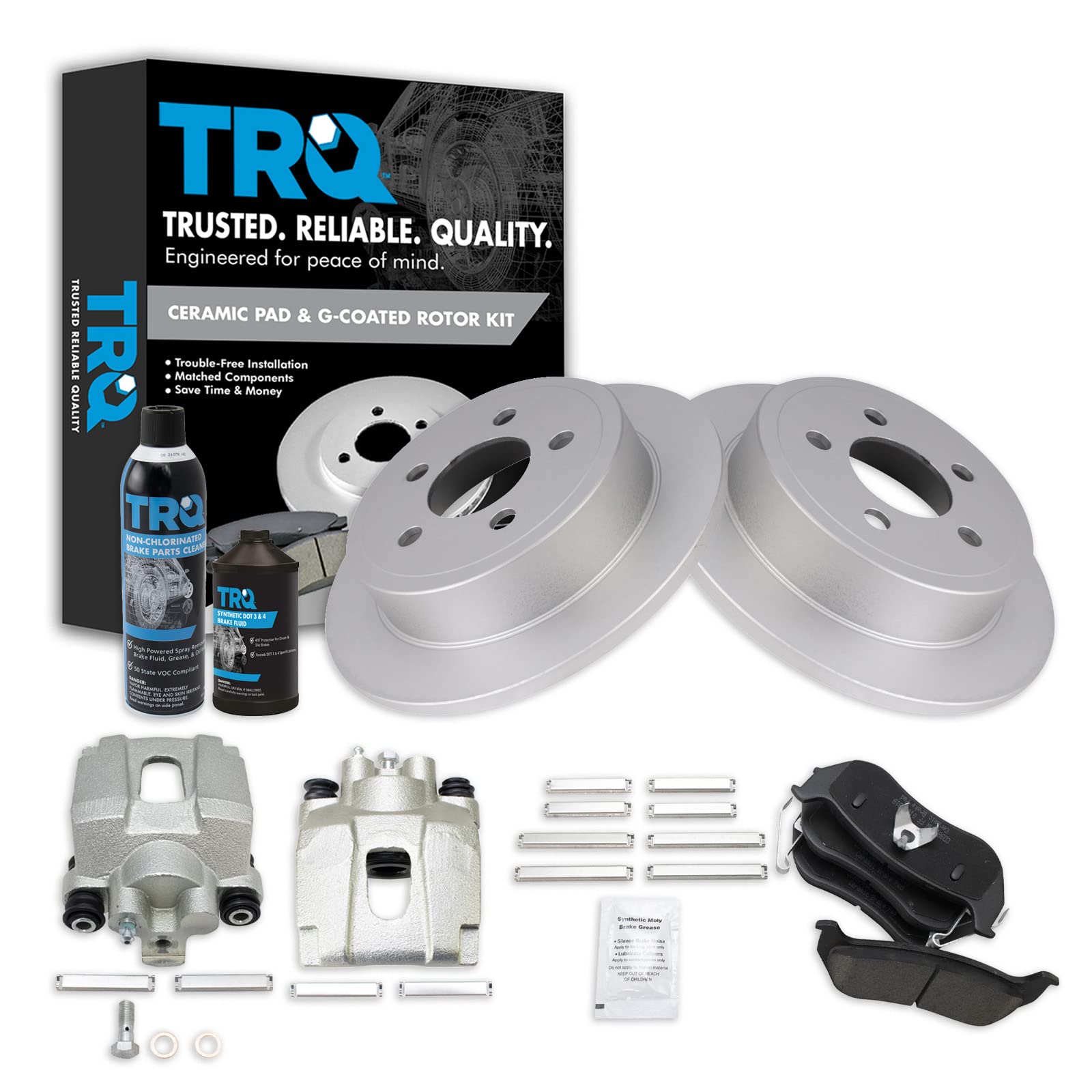 TRQ Premium Ceramic Brake Pads & G-Coated Rotors Kit - Compatible with 2003-2007 Jeep Liberty & 2003-2006 Wrangler - Includes Brake Caliper & Chemical Kit for Smooth Stopping Power - Perfect for Off-Roading, Daily Commuting & Heavy-Duty Towing