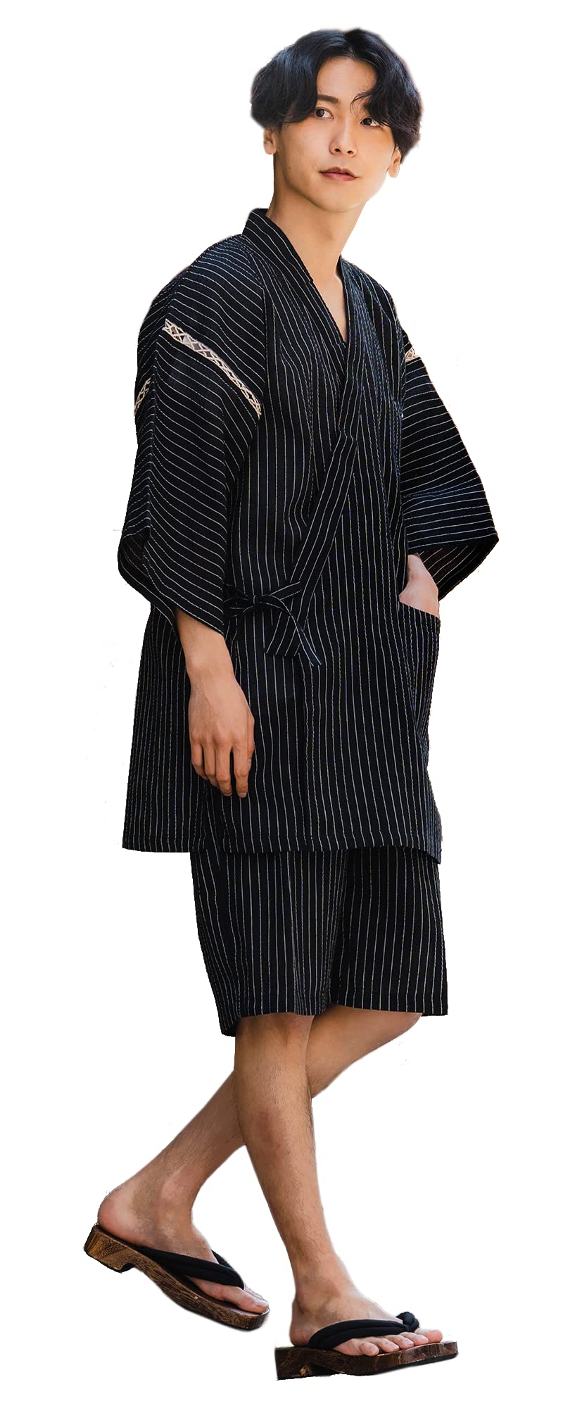 Men's Kimono Jimbei SIJIRAORI - XL Black Stripe Japanese Traditional Sleepwear & Loungewear for Summer - Comfortable Ninja Style Outfit for Daily Wear, Halloween Cosplay, and Anime Costume