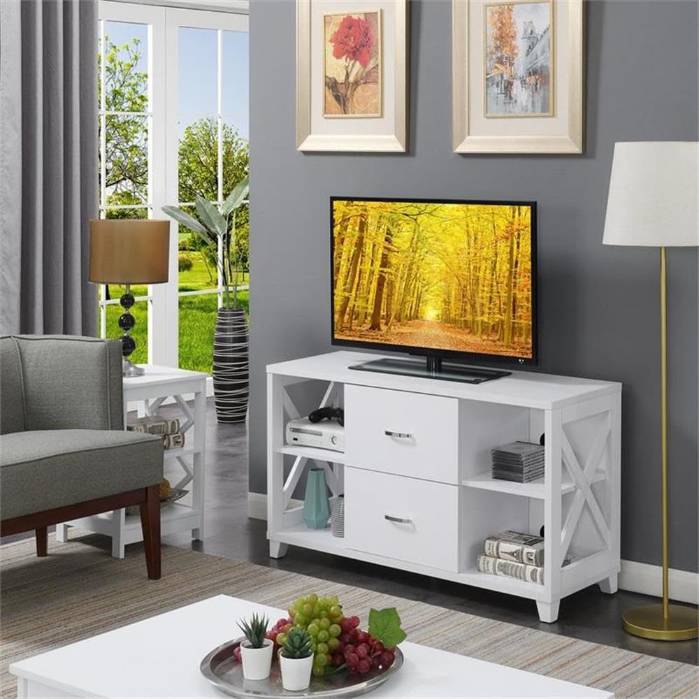 Pemberly Row 47 Inch TV Stand Entertainment Center with 2 Drawers - White Modern TV Console for Living Room, Bedroom & Home Theater Setup