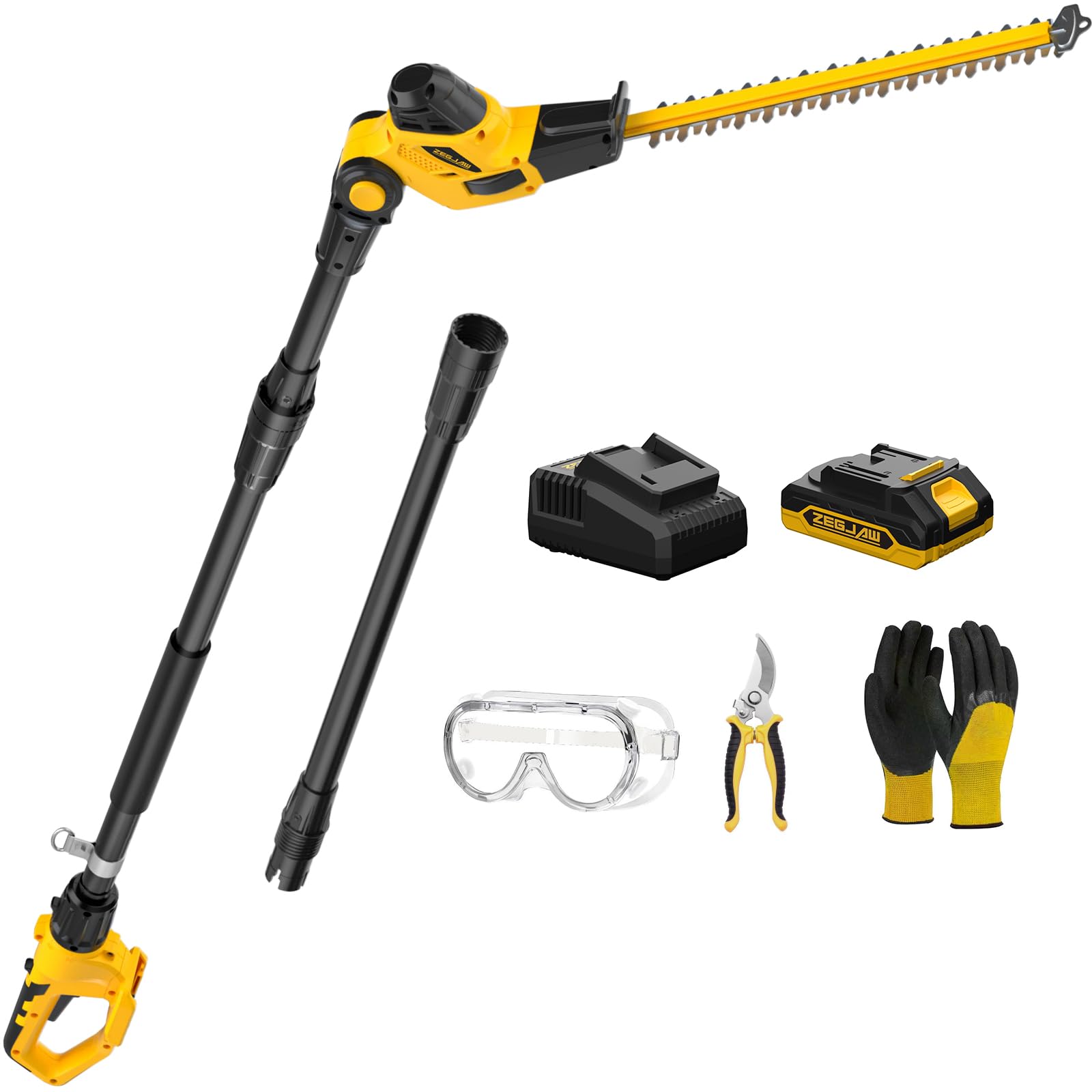 Cordless Pole Hedge Trimmer with 9-Feet Reach & Extension Pole - 20-Inch Cutting Capacity, Multi-Angle Adjustment, Includes 2.0Ah Battery & Fast Charger - Perfect for Tall Hedges, Tree Branches, and Hard-to-Reach Landscaping
