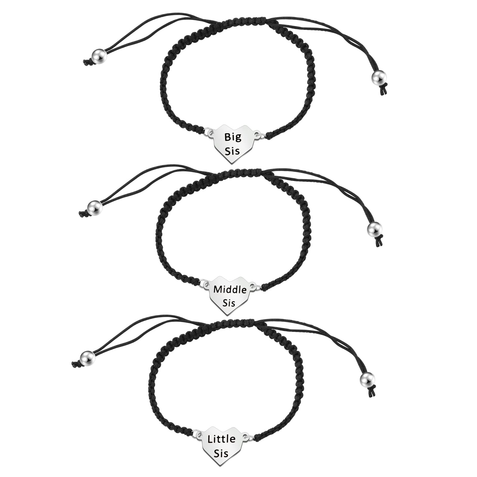 Sister Gift Bracelet Set - Heart Pendant for Big, Middle & Little Sis | Best Friend Present for Birthdays & Anniversaries