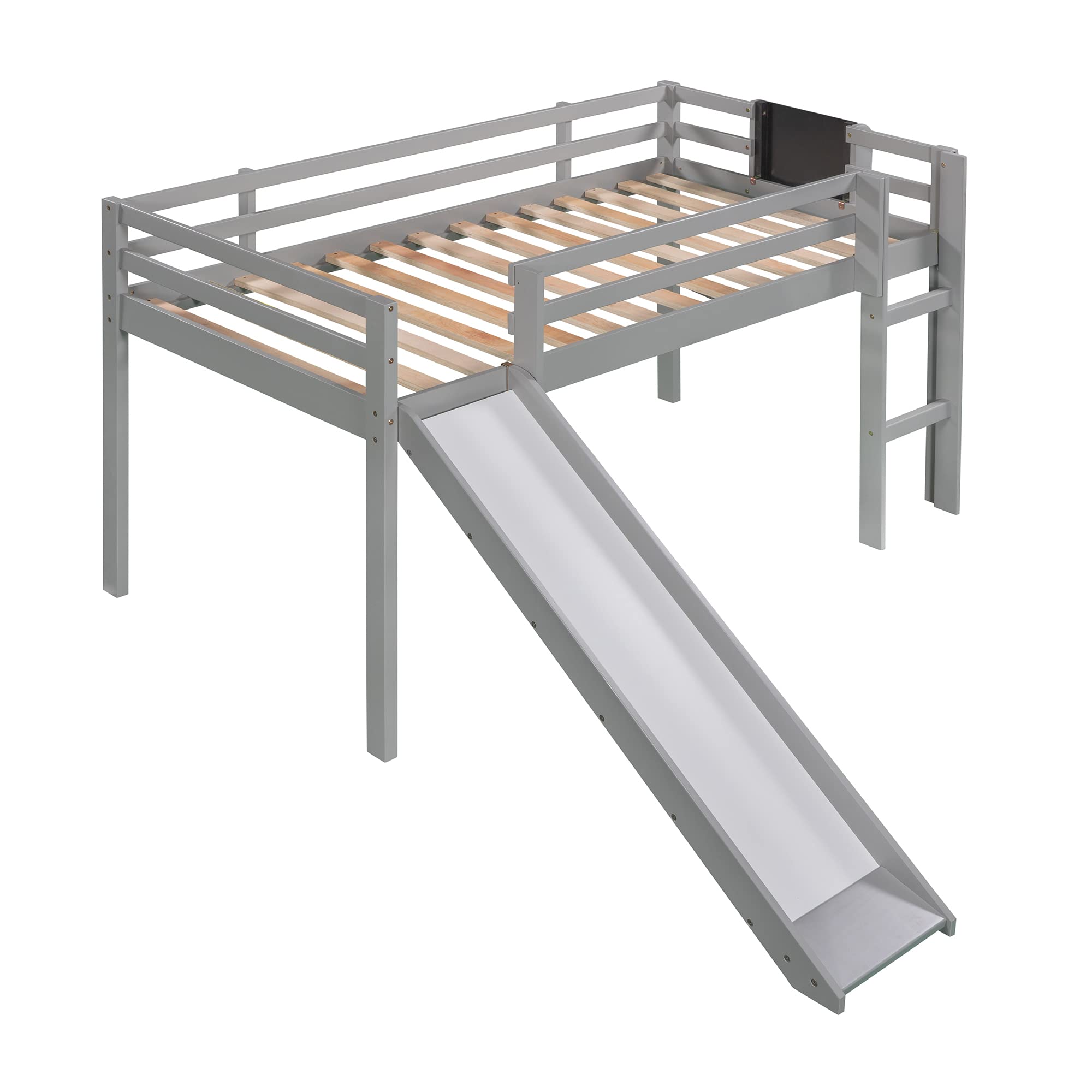 Bellemave Kids Loft Bed with Slide - Twin Size Wooden Loft Bed for Boys & Girls - Low Height with Chalkboard (Grey) - Perfect for Small Bedrooms & Playrooms