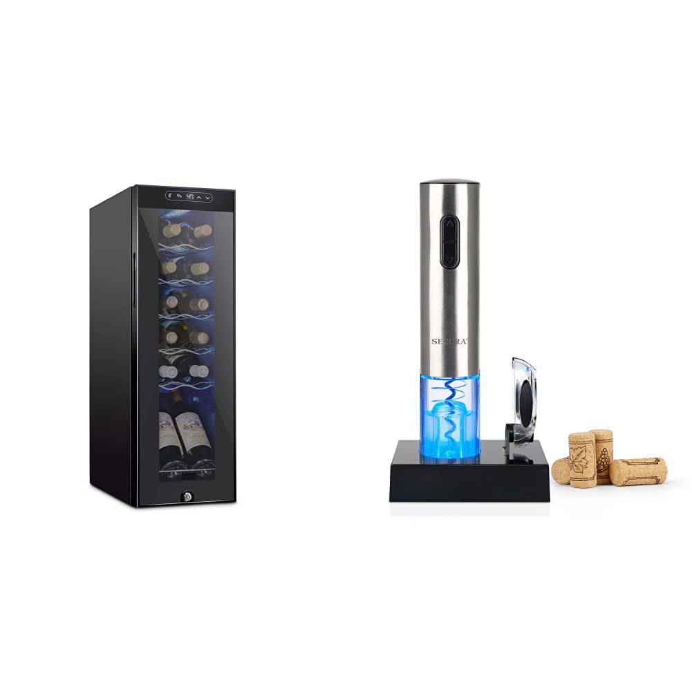 Schmecke 12 Bottle Compressor Wine Cooler Refrigerator & Secura Electric Wine Opener Set - Rechargeable Stainless Steel Automatic Corkscrew for Home Bar, Kitchen, Party and Gift Giving
