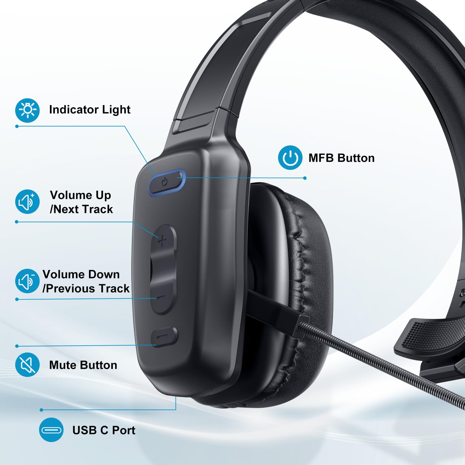 Wireless Bluetooth Headset with Noise Canceling Microphone - 60Hr Battery Life for Truck Drivers, Office Work & Phone Calls | Comfortable Over-Ear Design with Mute Button