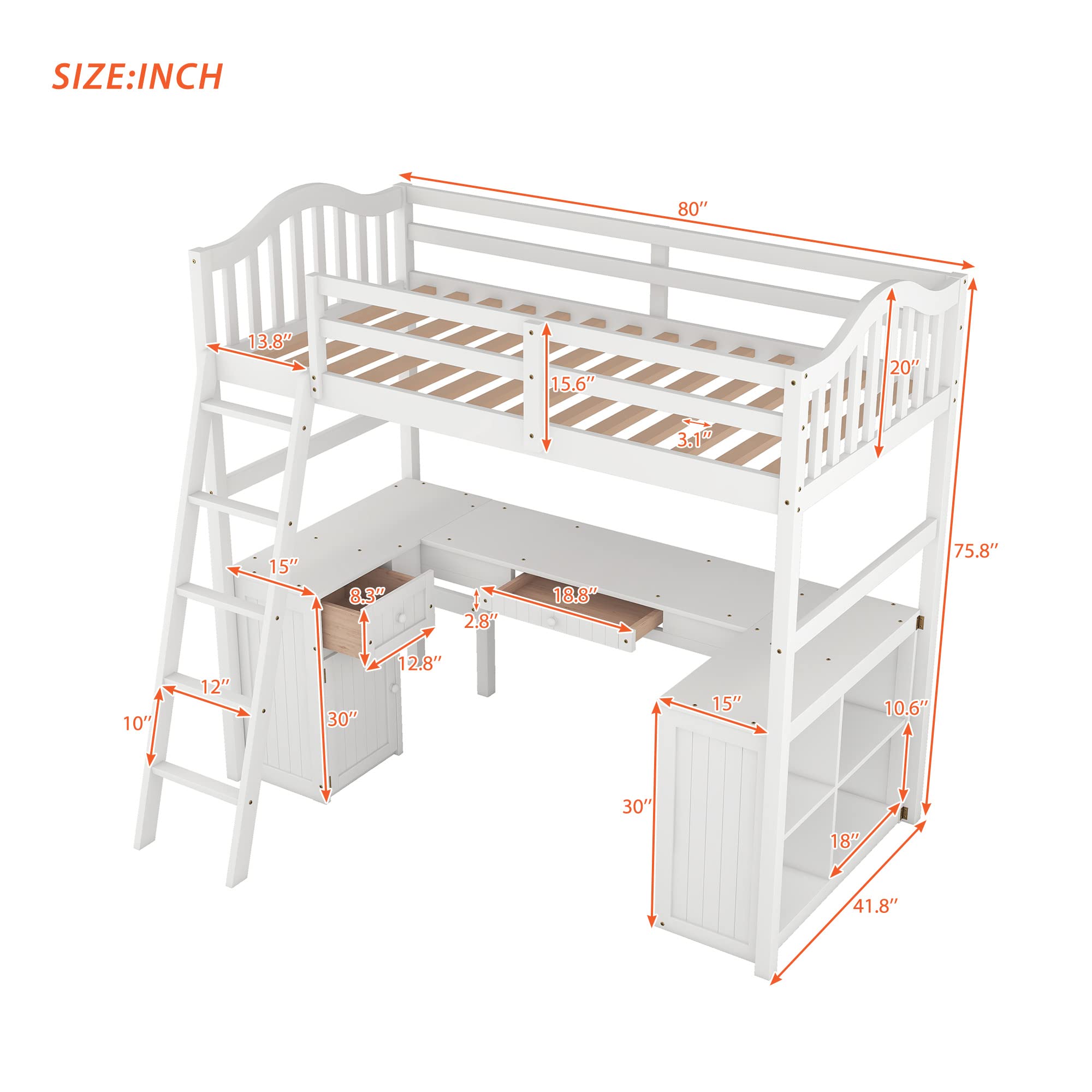 Harper & Bright Designs White Wood Twin Size Loft Bed with Drawers, Cabinet, Shelves & Desk - No Box Spring Needed - Space-Saving Kids Bedroom Furniture for Small Rooms & Dorm Living