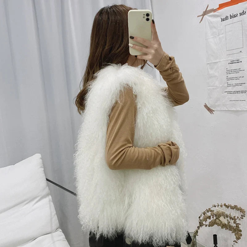 Luxury Thick Warm Mongolian Sheep Fur Vest for Women - 11 Colors, V-Neck Wool Coat | Winter Fashion, Outdoor Activities, Casual & Formal Wear