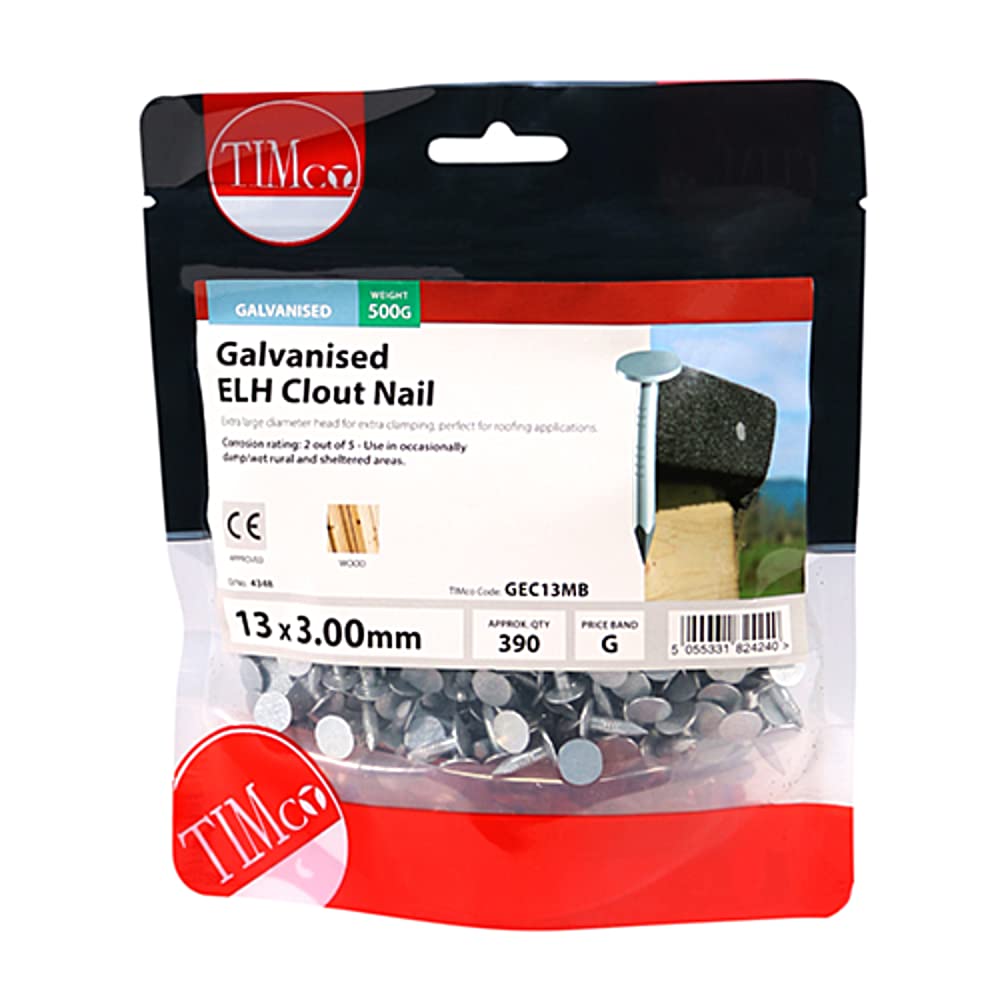 TIMco GEC13MB Galvanized ELH Clout Nails 13 x 3.00mm (0.5kg Bag) - Heavy Duty Roofing & Fencing Nails for Construction, Woodworking, and DIY Projects