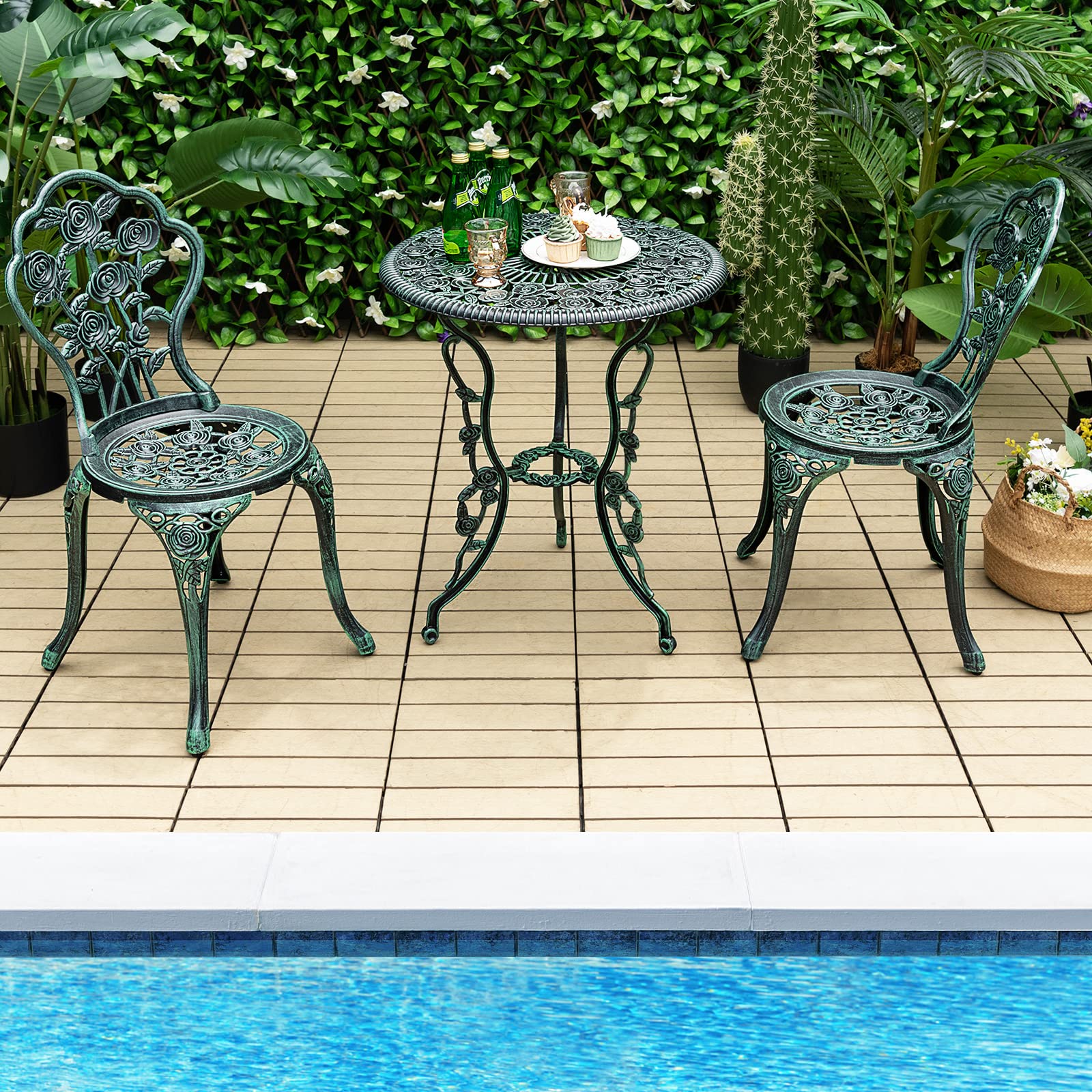 Rust-Resistant 3-Piece Outdoor Bistro Set - Cast Aluminum Patio Furniture with Elegant Rose Pattern & 1.9
