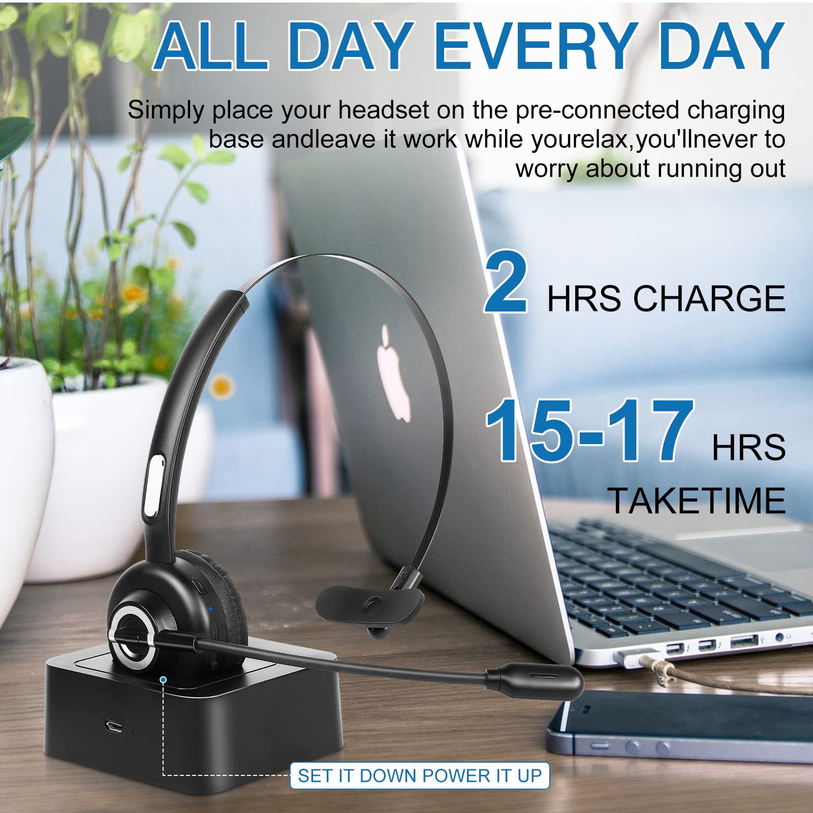 UX-M97 Wireless Bluetooth Headset with Microphone - Noise Cancelling Headphones with Charging Dock, Mute Function for Samsung Galaxy A32 5G | Perfect for Office Calls, Online Meetings & Gaming