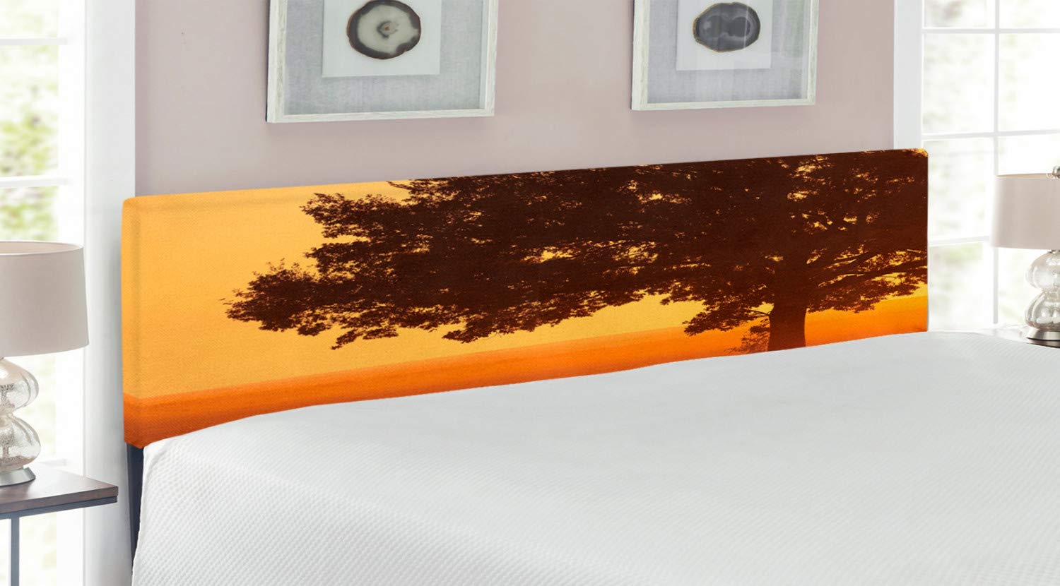 Ambesonne King Size Upholstered Metal Bed Headboard with Memory Foam - Warm Brown Orange Countryside Design Featuring Lonely Tree at Sunrise & Foggy Morning Scenery | Perfect for Bedroom Decor, Farmhouse Style Homes & Cozy Master Suites