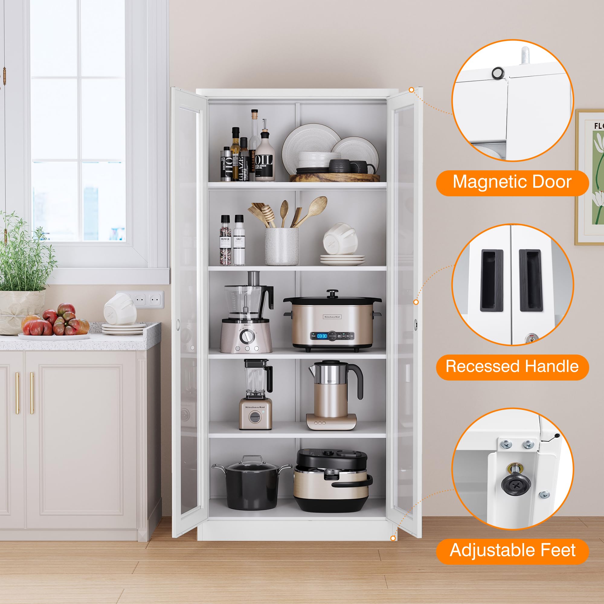 Tall Display Storage Cabinet with Tempered Glass Door - 4 Adjustable Metal Shelves for Home Office, Living Room & Study - White | Perfect for Organizing Books, Decor & Office Supplies