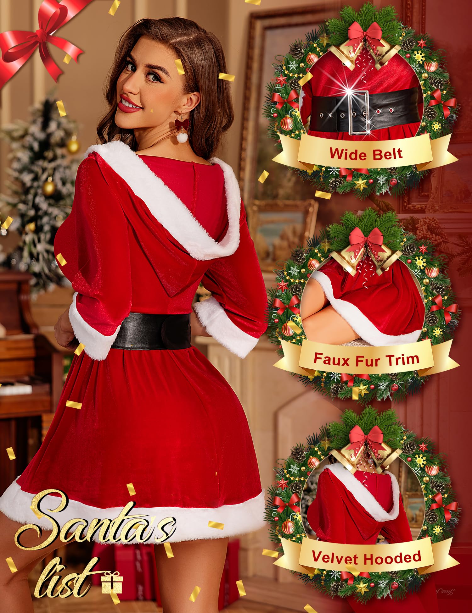 RSLOVE Women's Sexy Santa Lingerie Set - Christmas Babydoll Chemise with Belt & Mrs Claus Costume for Holiday Romance & Intimate Gifts (Perfect for Christmas Parties, Boudoir Photos & Couples Nights)