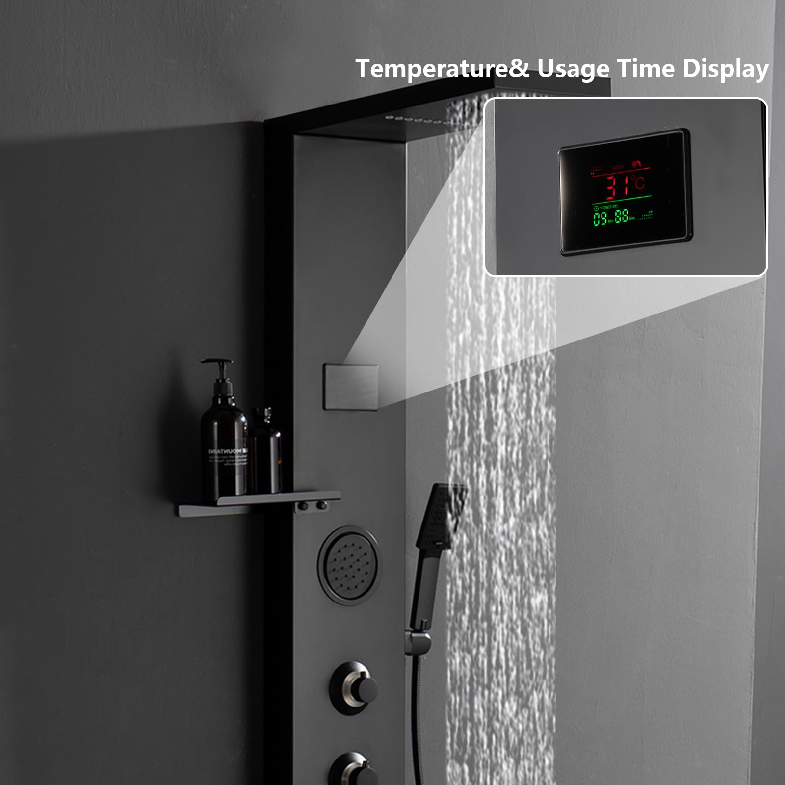Premium Matte Black LED Shower Panel System with Rainfall Shower Head, Handheld Massage Jets & 304 Stainless Steel Storage Shelf - Modern Waterfall Bathtub Upgrade for Luxury Spa-Like Bathroom Experience