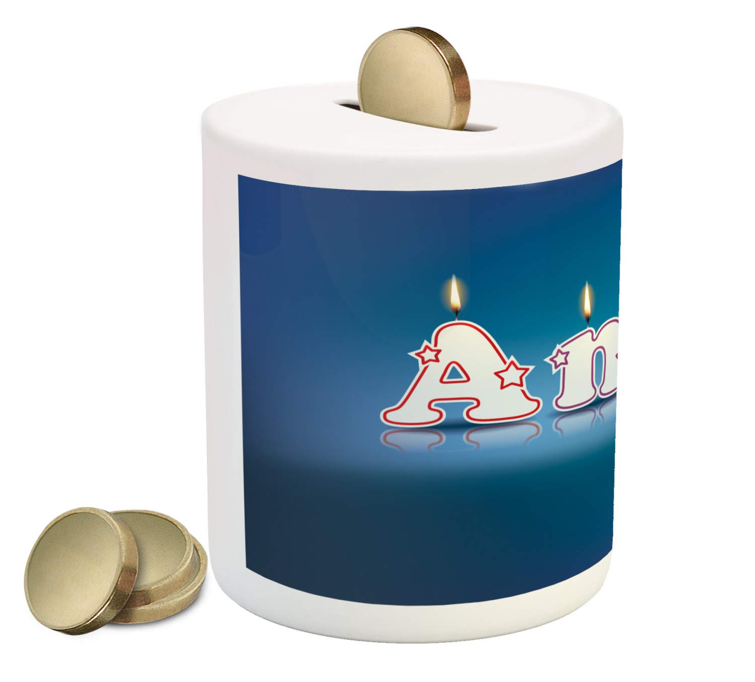 Ambesonne Anna Ceramic Piggy Bank with Birthday Candles & Star Letters - Personalized Girls Name Money Box for Cash Saving, 3.6
