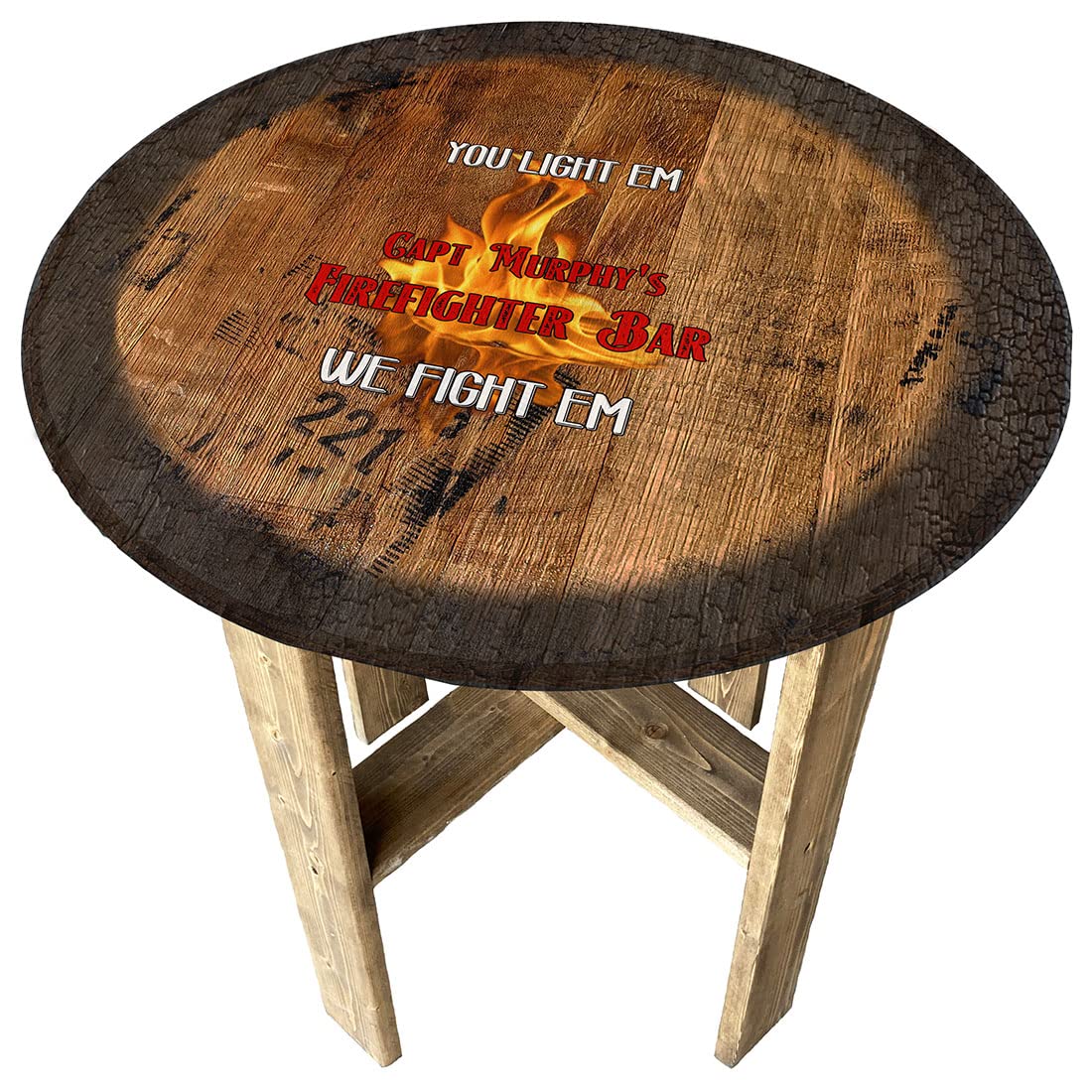 Real Fire Dept Firefighter Gift Farmhouse Rustic Round Whiskey Barrel End Table - Perfect for Living Room, Man Cave, or Fire Station Decor