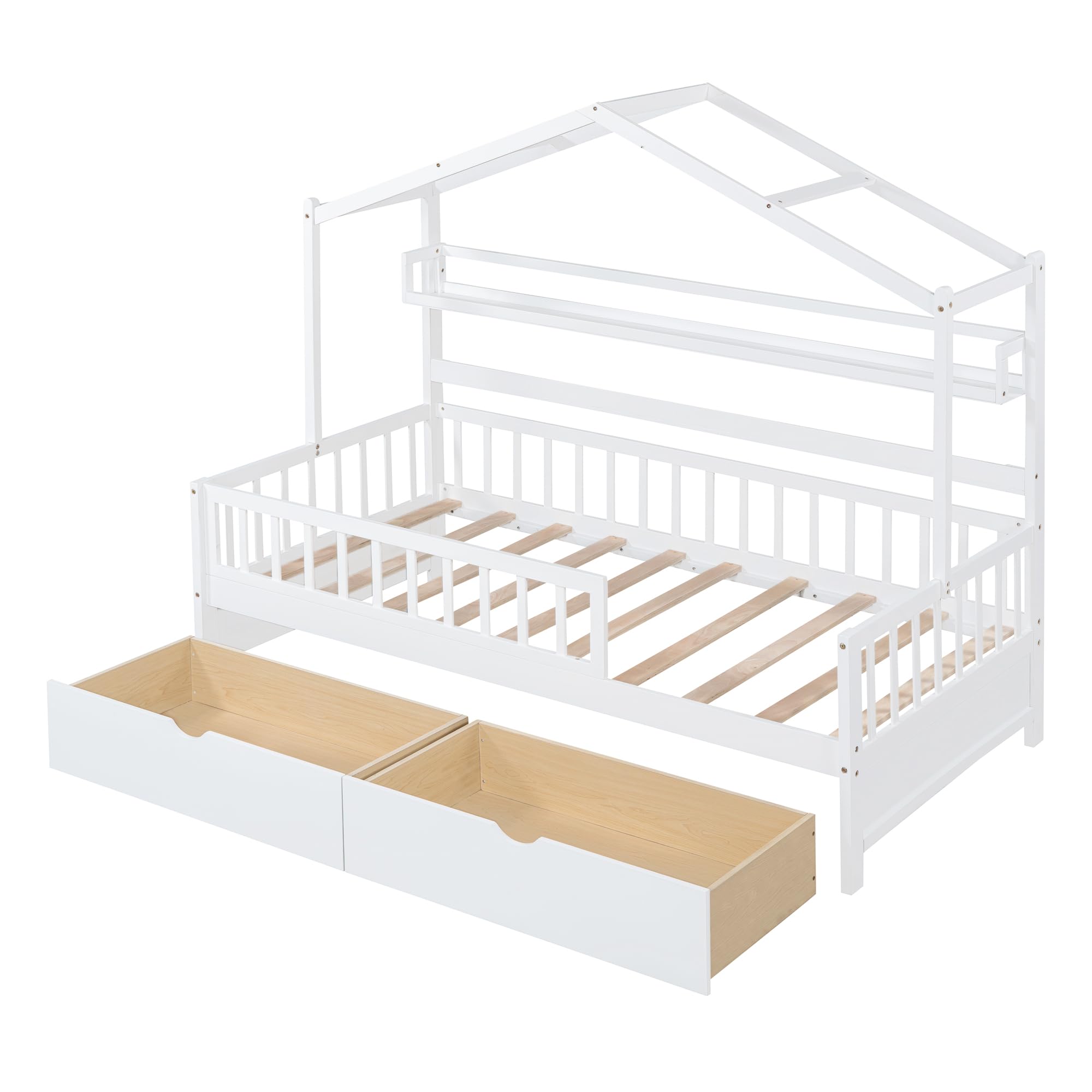 DEINPPA Twin House Bed with Drawers & Shelf - Wooden Kids Bed Frame with Safety Guardrails & Decorative Roof Design - No Box Spring Needed - Perfect for Boys, Girls, Toddlers & Kids Bedroom (White) - Ideal for Small Spaces, Playrooms & Cozy Children's Rooms