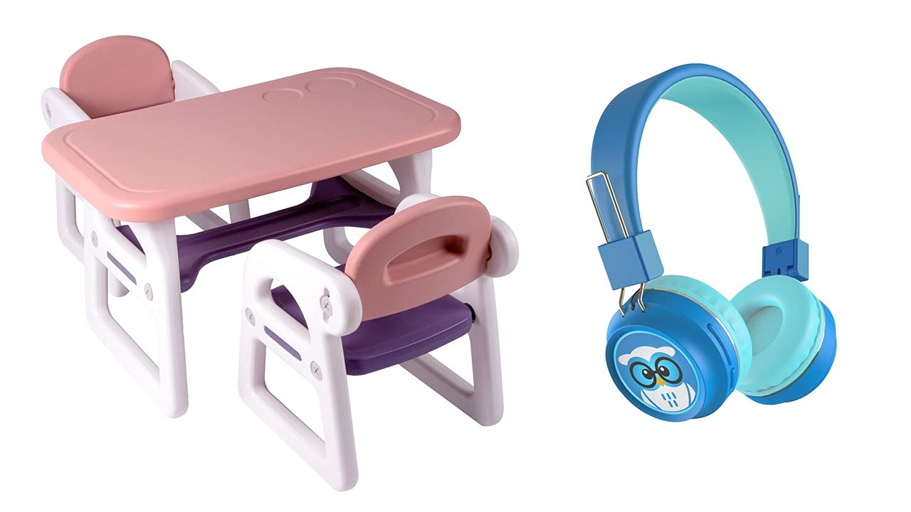 TinyGeeks Neo Wireless Kids Headphones with Microphone - Blue | TinyGeeks Children's Table and Chair Set - Safe & Durable for Toddlers - Purple & Pink Colors | Perfect for Home Learning, Playtime & Online Classes
