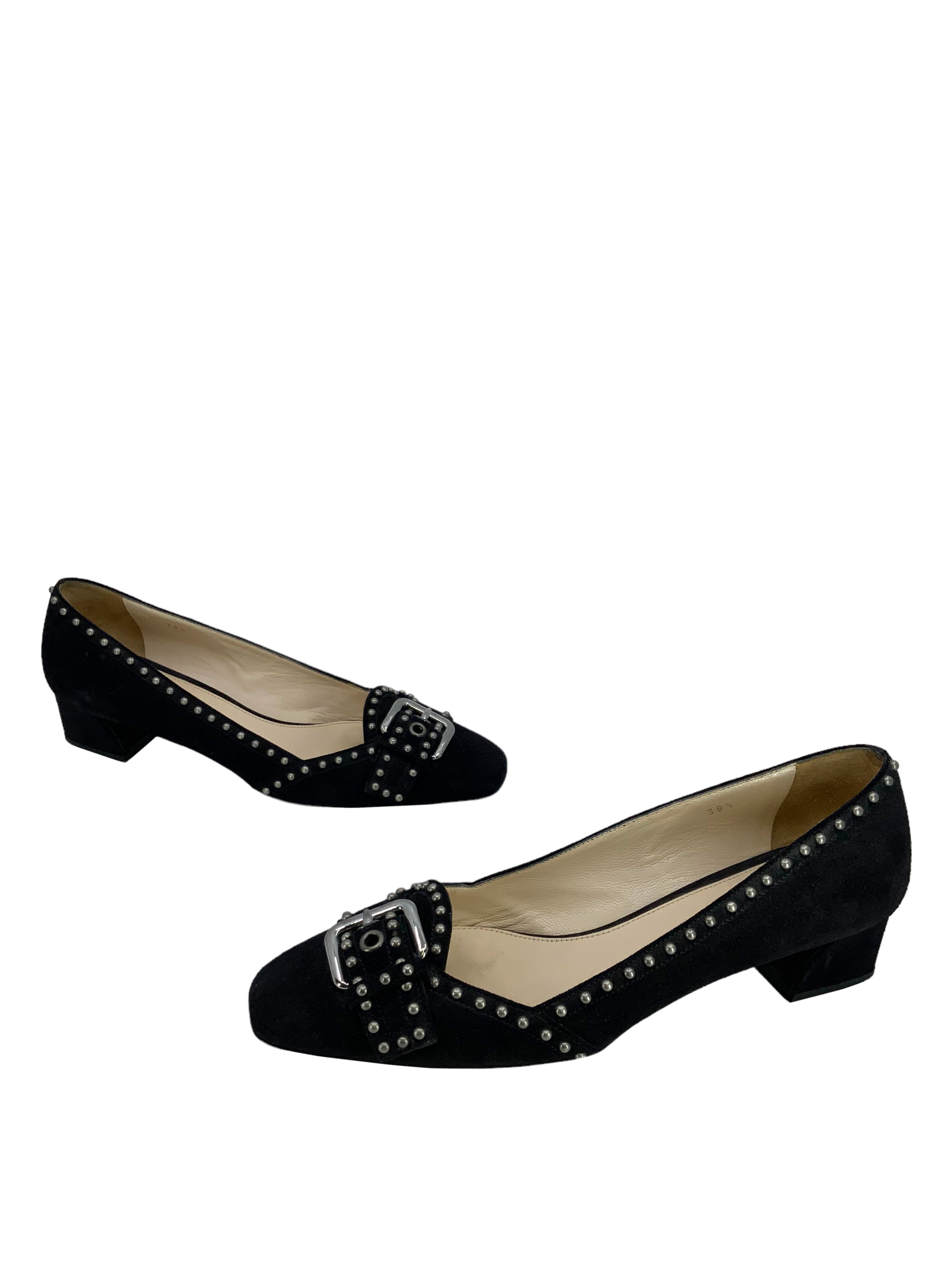Prada Studded Suede Buckle Pumps Women's Size 8.5 - Luxury High Heels for Party, Wedding & Evening Events
