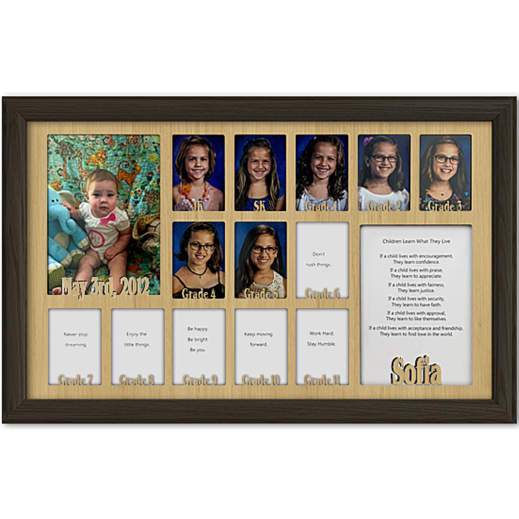 Personalized Northland School-Years Picture Frame - Holds Twelve 2.5x3.5 & One 5x7 School Photos - Custom Name Engraved - Espresso Wood Frame with Oak Mat - Perfect for JK/SK to Graduation Memories - Great for Classrooms, Nurseries & Home Décor
