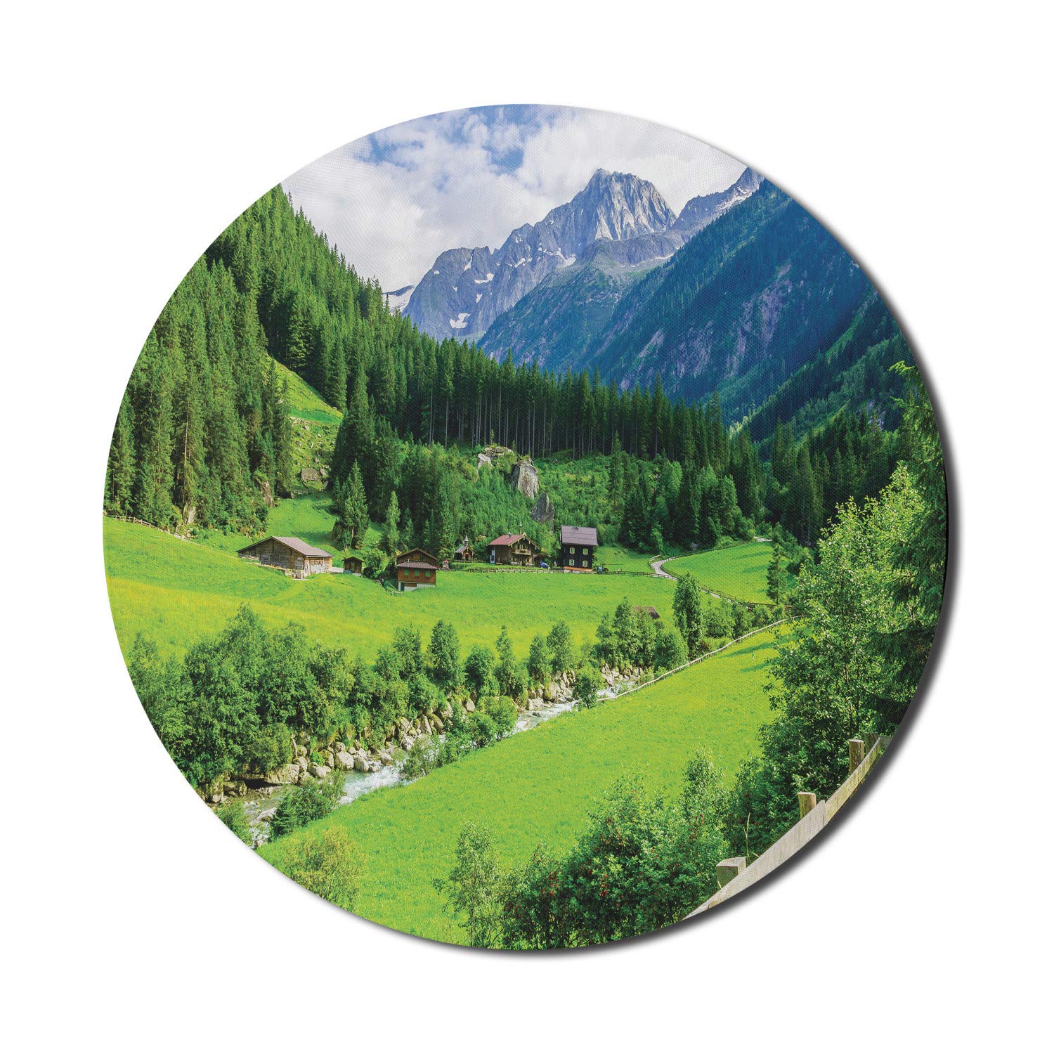 Ambesonne Round Non-Slip Gaming Mouse Pad - 8 Inch Thick Rubber Base with Alpine Landscape Design (Green & White) | Perfect for Computers, Office Work & Gaming Setups