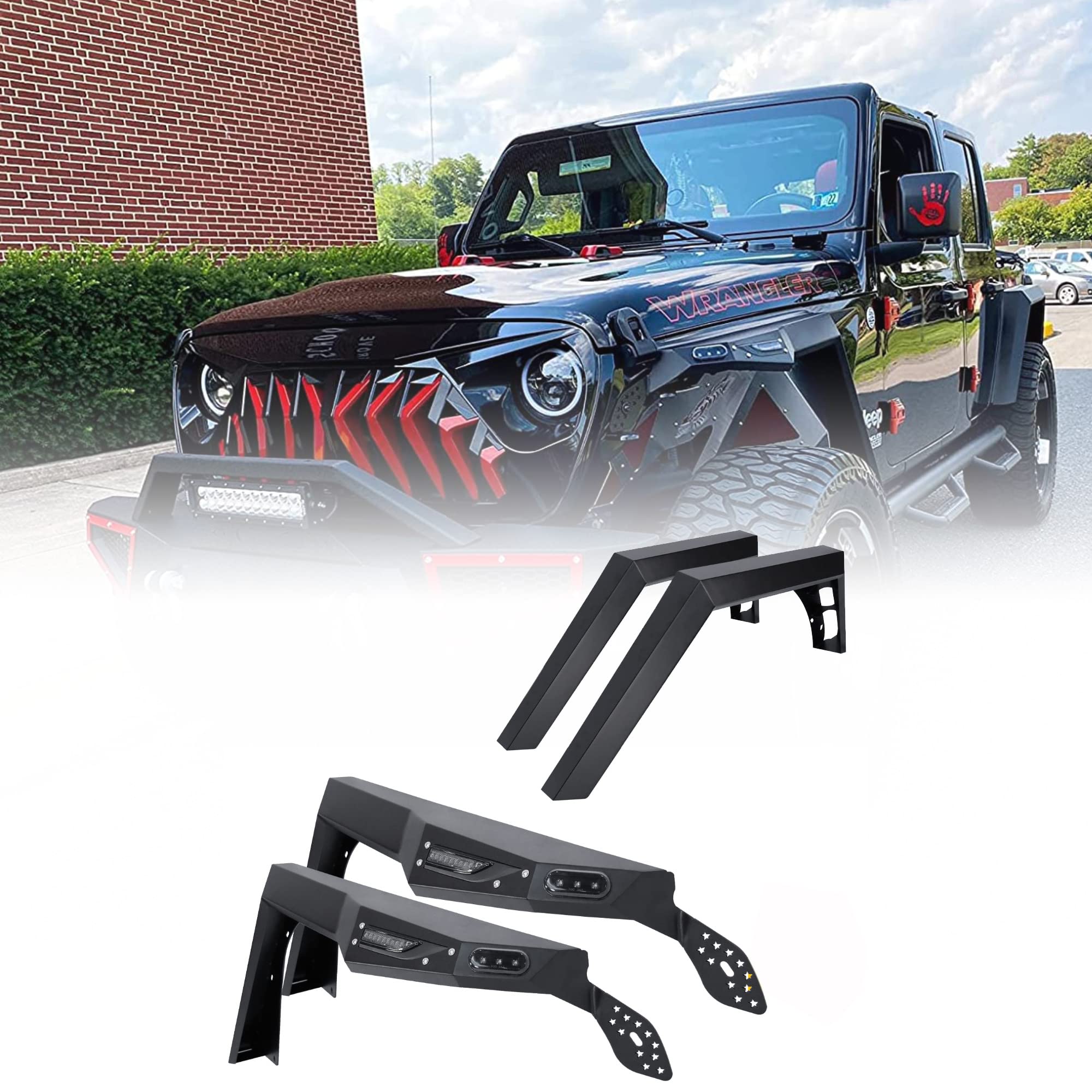 WOLFSTORM Steel Fender Flares for 2018-2023 Jeep Wrangler JL 4 Door & 2 Door Models with LED DRL & Sequential Turn Signals | JL/JLU Replacement Fender Accessories | Off-Road Protection & Style Upgrade