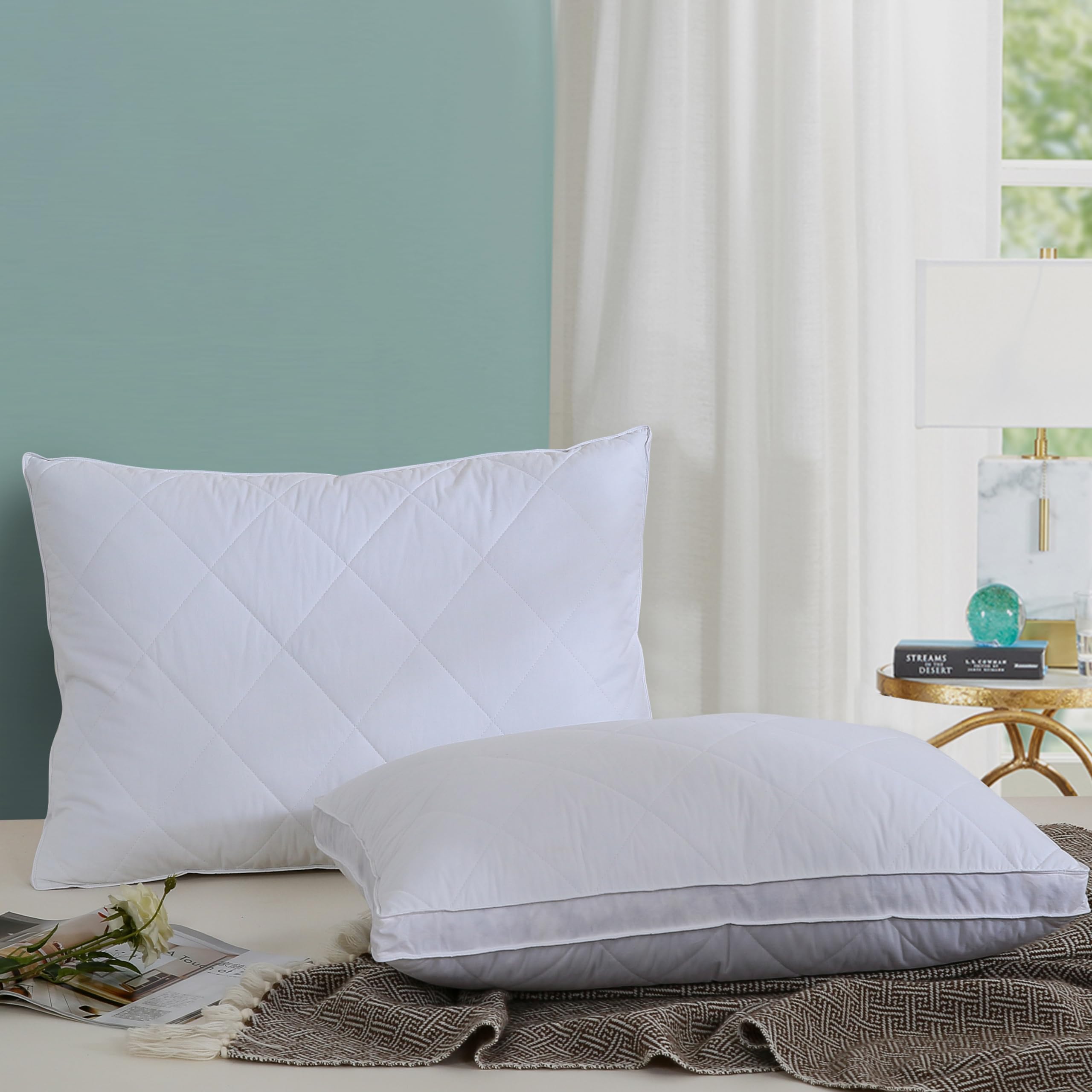 2 Pack King Size White Goose Feather & Polyester Bed Pillows - 600 Thread Count 100% Cotton Cover, Medium Firm Support with Soft Surround Fill | Perfect for Back Sleepers, Side Sleepers & Hotel-Style Comfort
