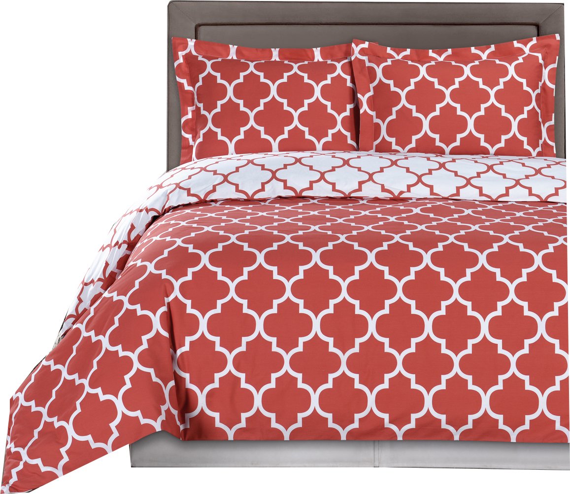 Meridian 250-Thread-Count 100% Cotton King/California King Reversible 3-Piece Duvet Cover Set - Coral & White | Luxury Bedding for Master Bedroom & Guest Room