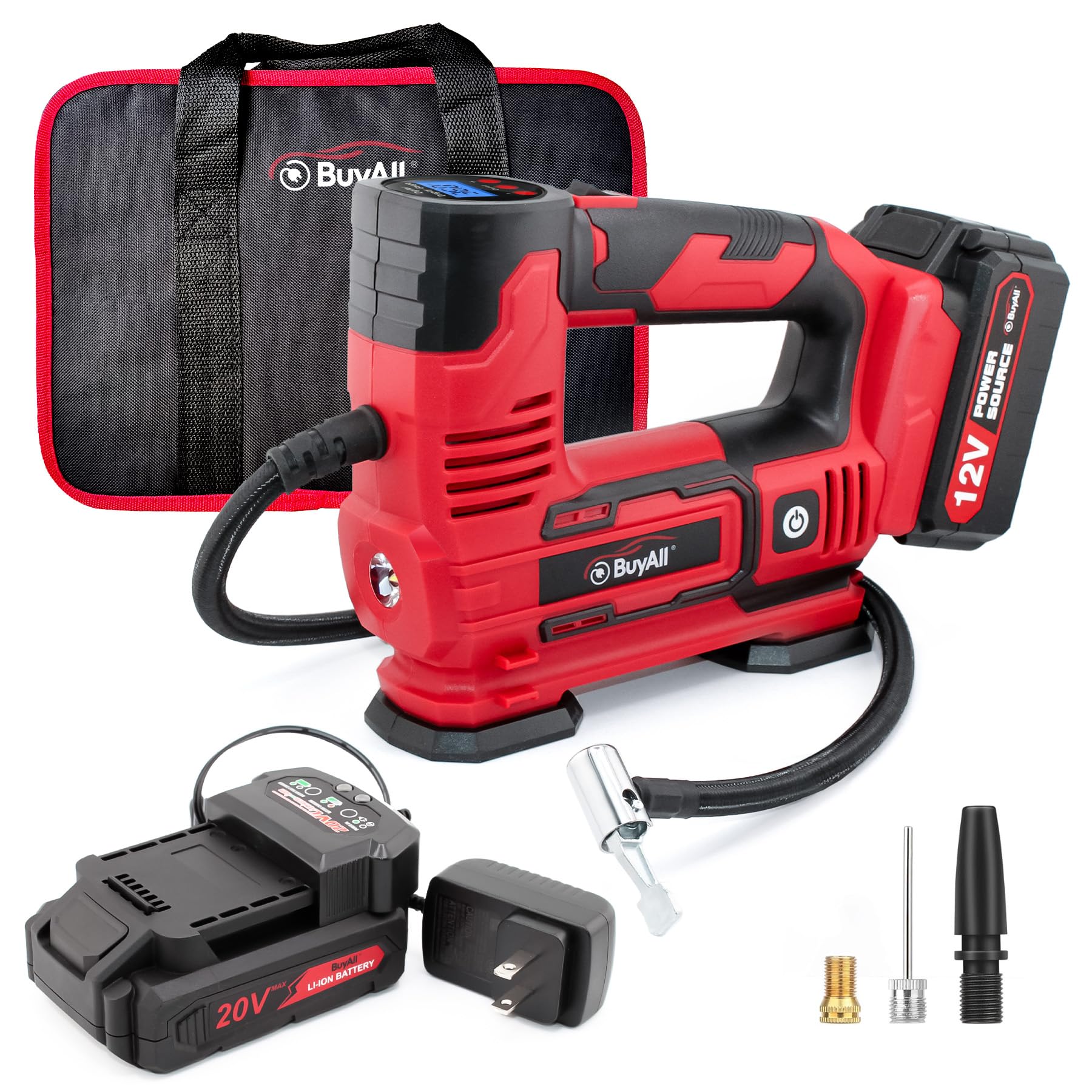 20V Cordless Tire Inflator Portable Air Compressor - Rechargeable Li-ion Battery & 12V Car Adapter - Digital Pressure Gauge 150PSI for Cars, Bikes, SUVs - Perfect for Road Trips, Camping & Emergency Tire Inflation
