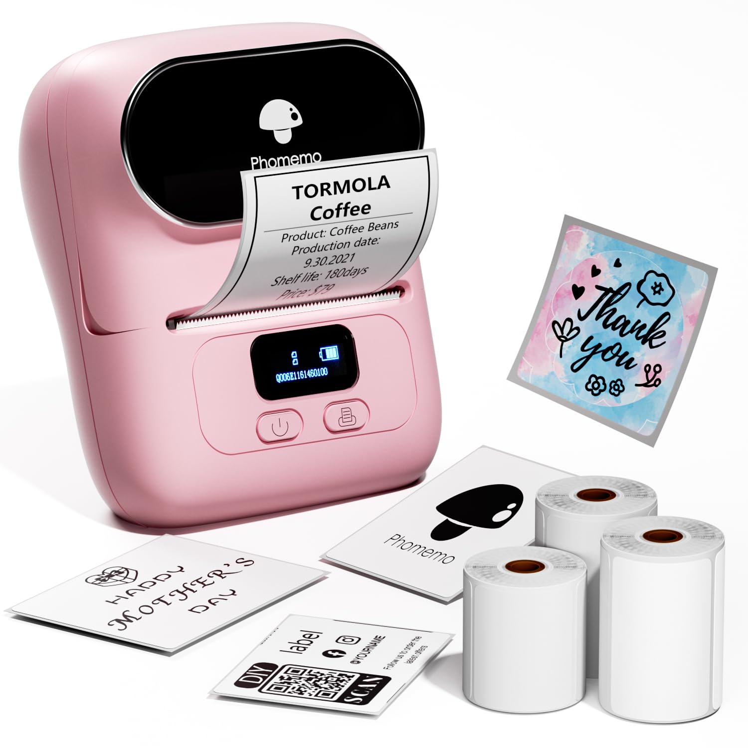 Phomemo M110 Bluetooth Label Maker Machine - Portable Label Printer for Business, Office, Retail with Barcode, Fonts, Icons & Templates (Pink) | Perfect for Organizing Cables, Files, Products & Inventory Management