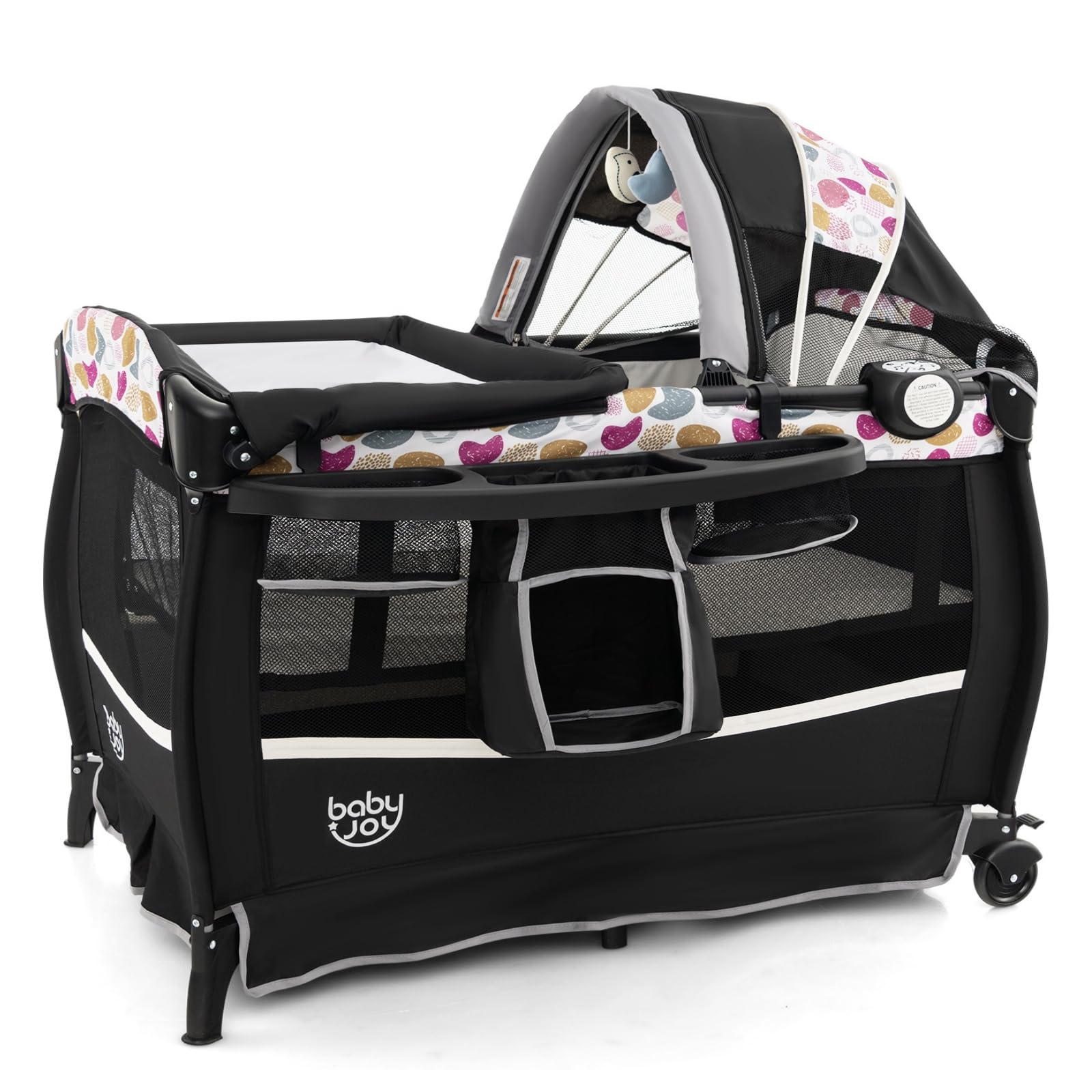 BABY JOY 4-in-1 Portable Baby Playard with Bassinet, Changing Table & Canopy - Foldable Playpen with Storage Basket for Newborn to Toddlers (Circle Design) - Perfect for Nursery, Travel & Indoor/Outdoor Play