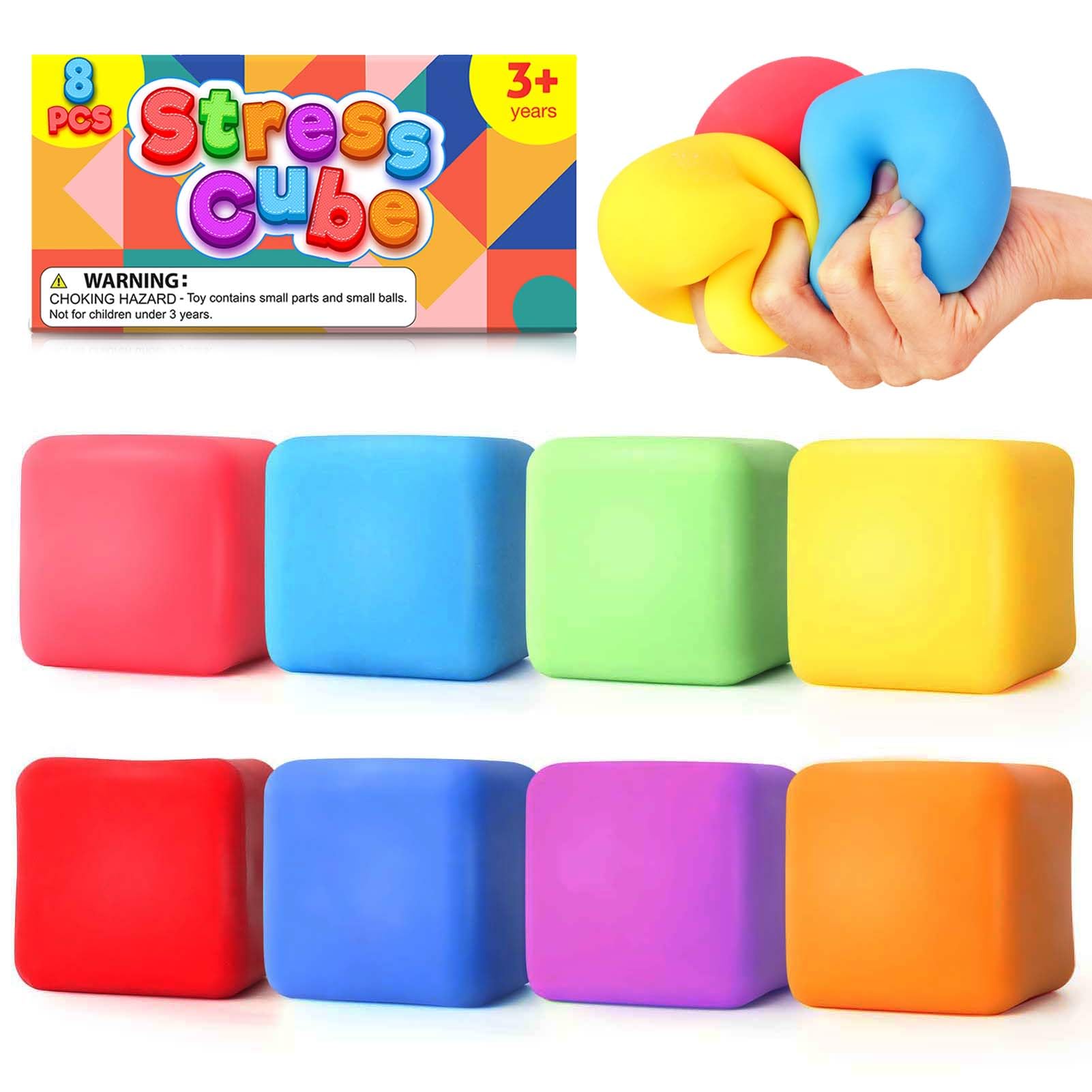 8 Pack Slow Rising Stress Cubes - Stretchy Fidget Toys for Anxiety Relief & Focus, Squishy Sensory Toys for Kids & Adults - Perfect for Classroom, Office & Travel (2 Inch) - Reduce Stress & Improve Concentration