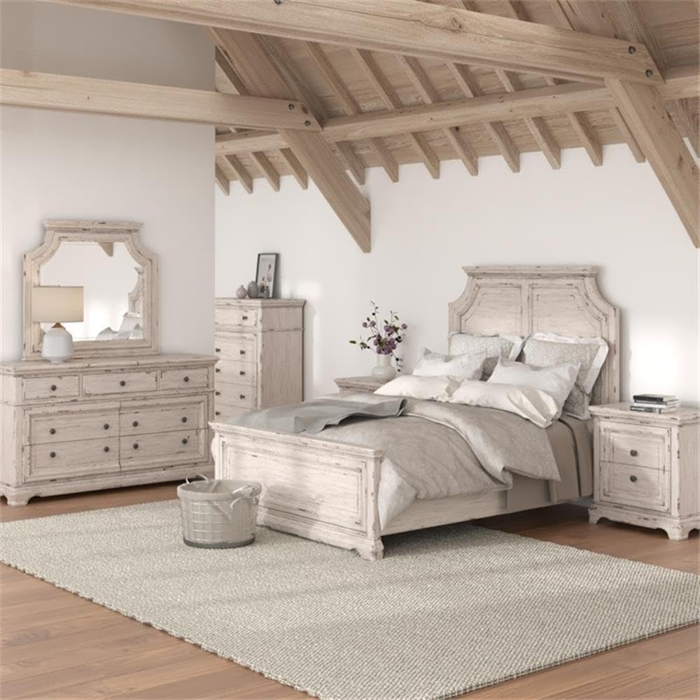 American Woodcrafters Providence Antique White Wood King Panel Bed Frame - Solid Wood Bedroom Furniture for Master Suite & Guest Room Decor