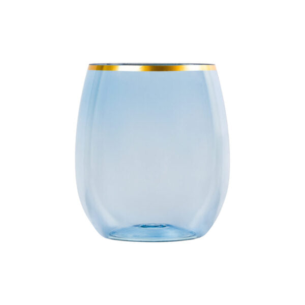 12 oz. Blue Stemless Wine Glasses with Gold Rim - Set of 6 | Shatterproof & Elegant for Parties, Weddings, and Home Entertaining