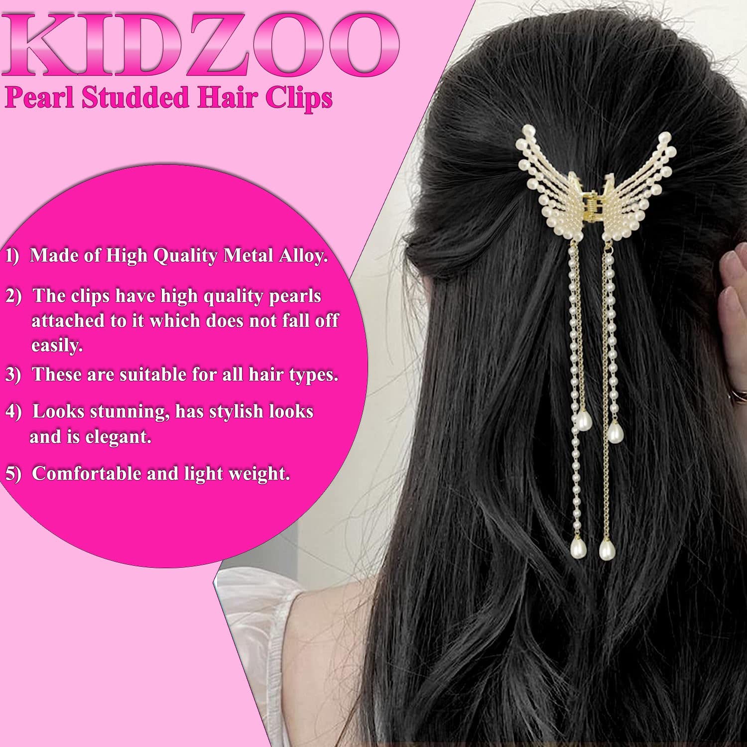 KIDZOO Pearl Butterfly Hair Claw Clip for Women & Girls - Elegant Stone Hair Accessories for Wedding, Party & Everyday Use - Metal Hair Clutcher with Butterfly Design