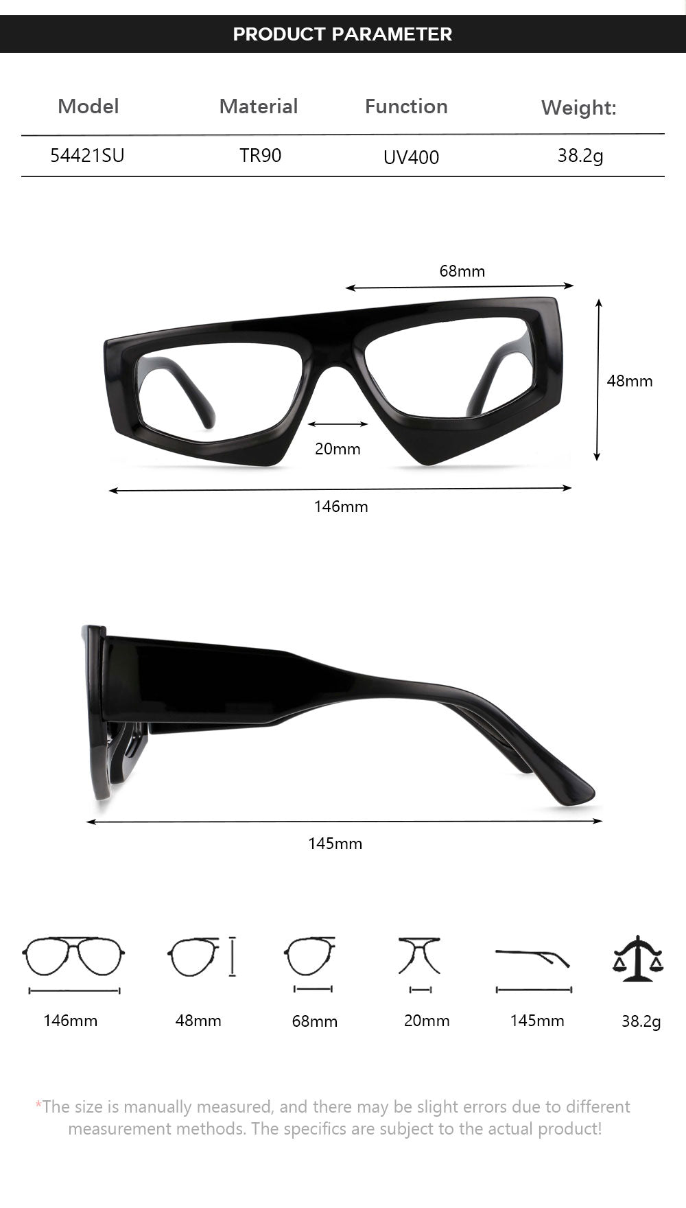 CCspace Unisex Full Rim Irregular Rectangle Acetate Eyeglasses 54421 - Stylish & Lightweight Glasses for Men & Women - Perfect for Work, Reading & Fashion Accessories