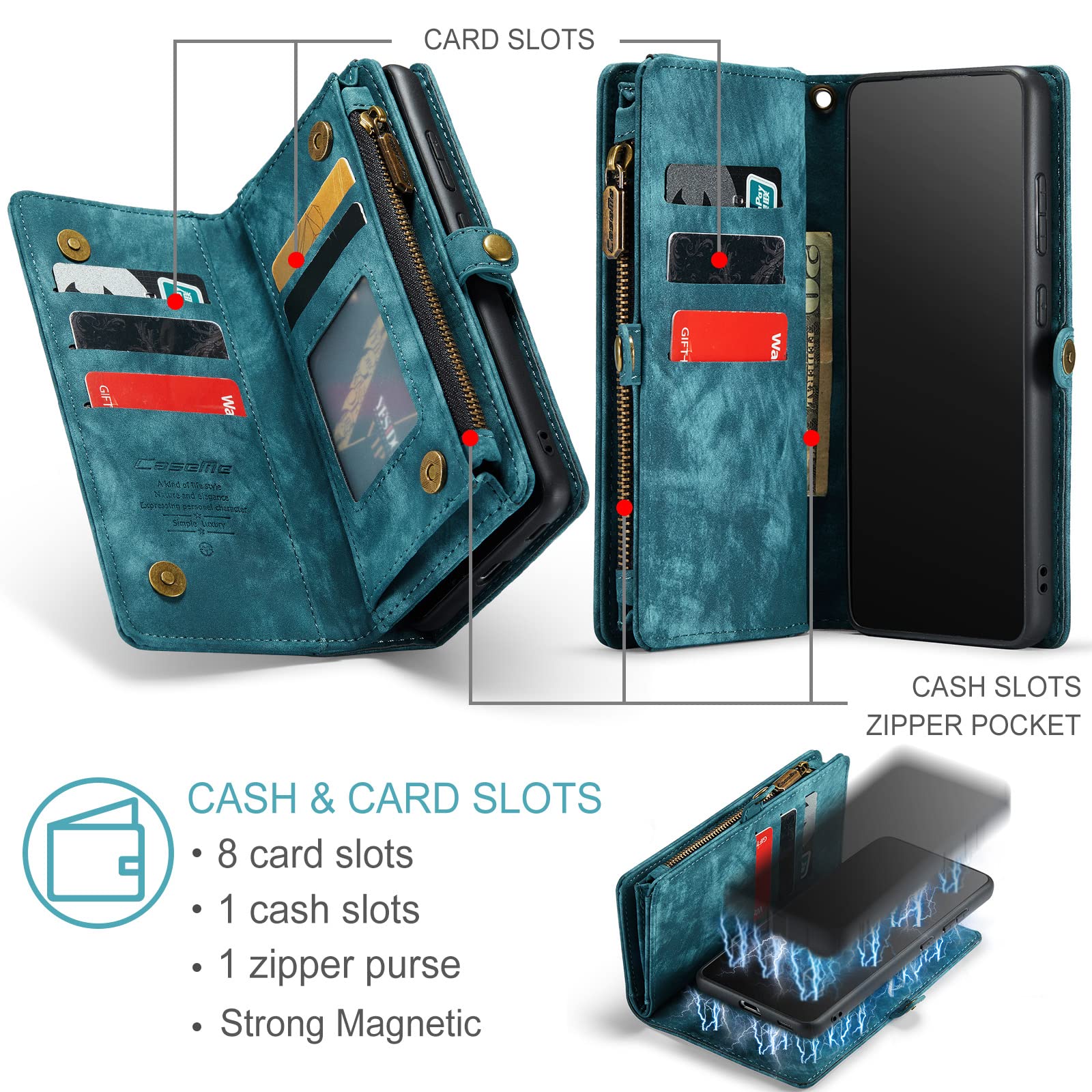 Genuine Leather Magnetic Wallet Case for Samsung Galaxy S21 (2021) - Detachable Cover with RFID Blocking, Card Slots & Zipper Purse | Perfect for Business, Travel & Everyday Protection (Blue)