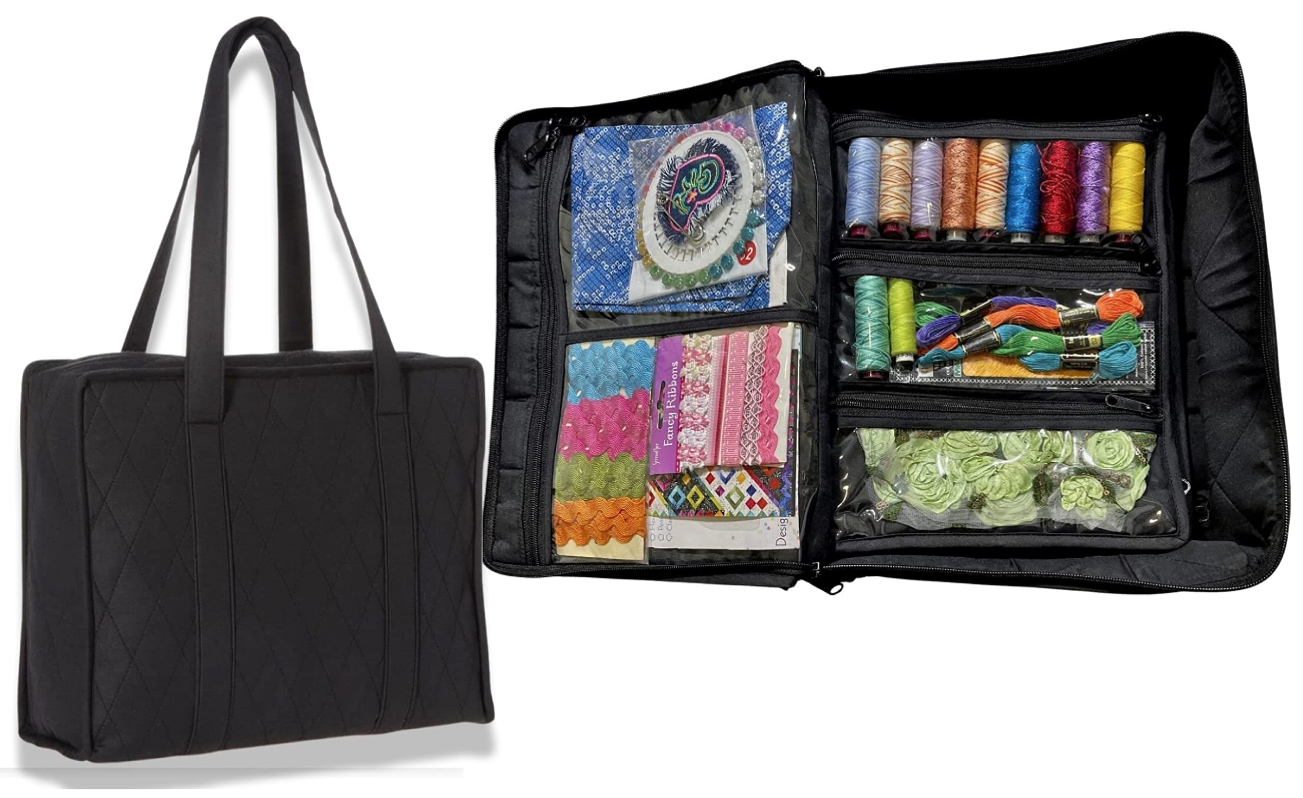 Yazzii 16-Pocket Craft Organizer Tote Bag for Arts & Crafts, Sewing & Embroidery Supplies - Multipurpose Storage Solution for DIY Projects, Travel & Home Organization - Black