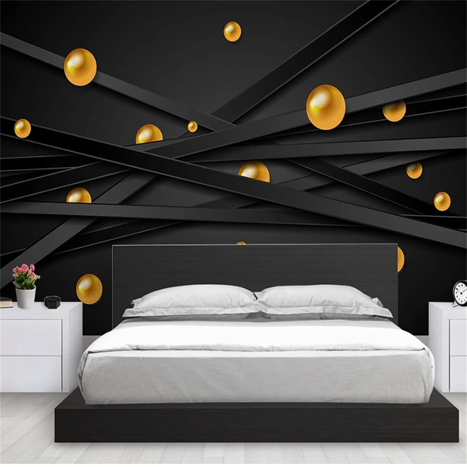 Modern Geometric Art Black Background Mural Wallpaper - Panoramic Wall Decor for Living Room, Bedroom, Study & Bathroom - 157.5