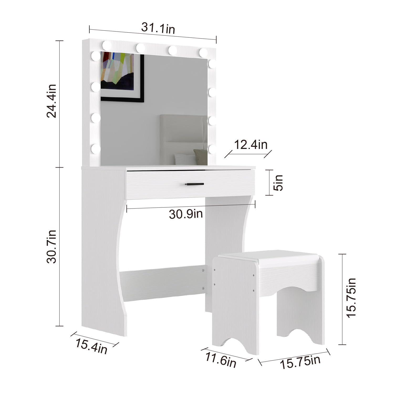 Vanity Desk with Mirror & Adjustable LED Lights, White Makeup Table with Storage Drawer & Stool - Dressing Table for Bedroom, Perfect for Applying Makeup & Skincare Routine