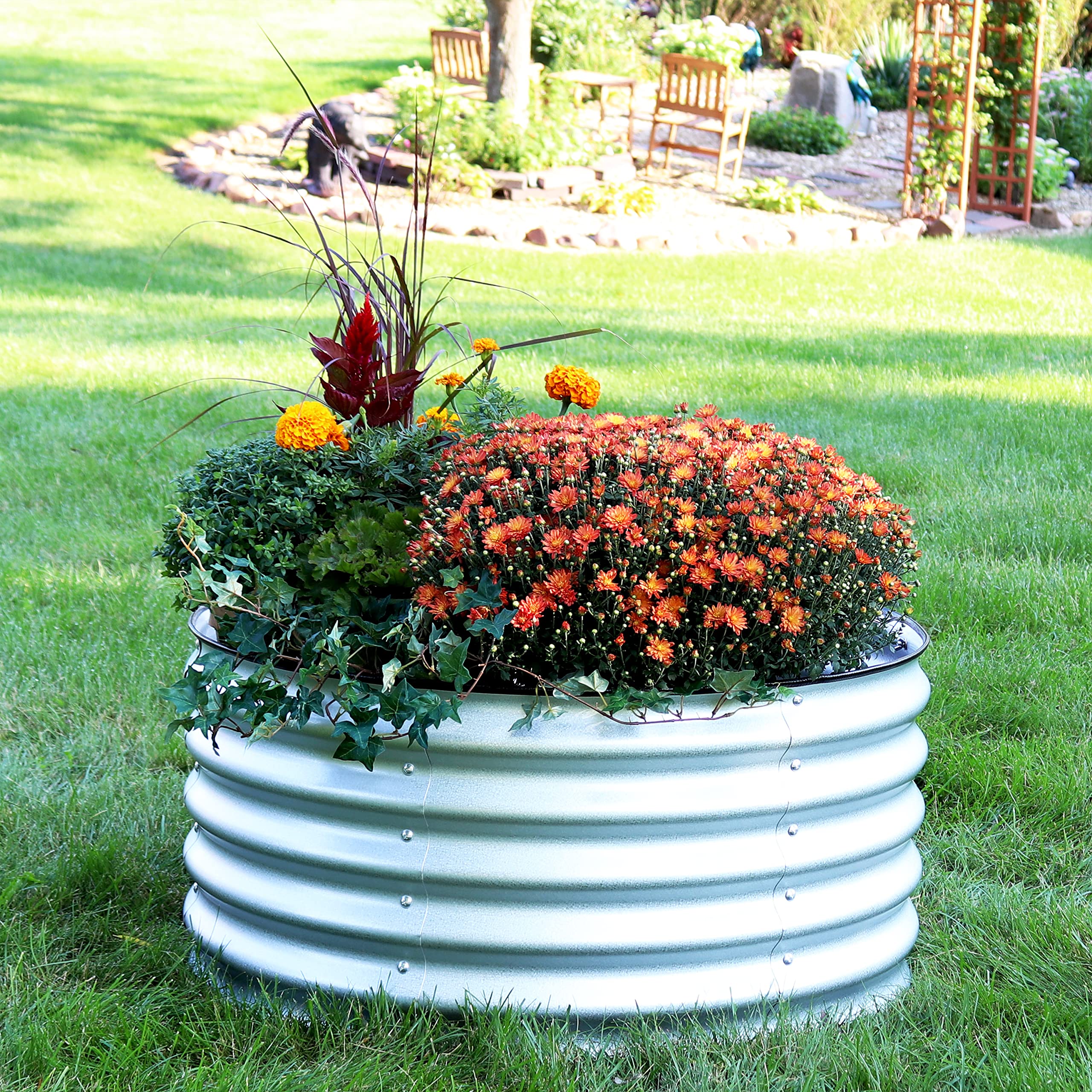 35.5-Inch Round Metal Raised Garden Bed - Galvanized Steel Planter Box with Protective Rubber Edges - Outdoor Gardening for Vegetables, Flowers & Herbs