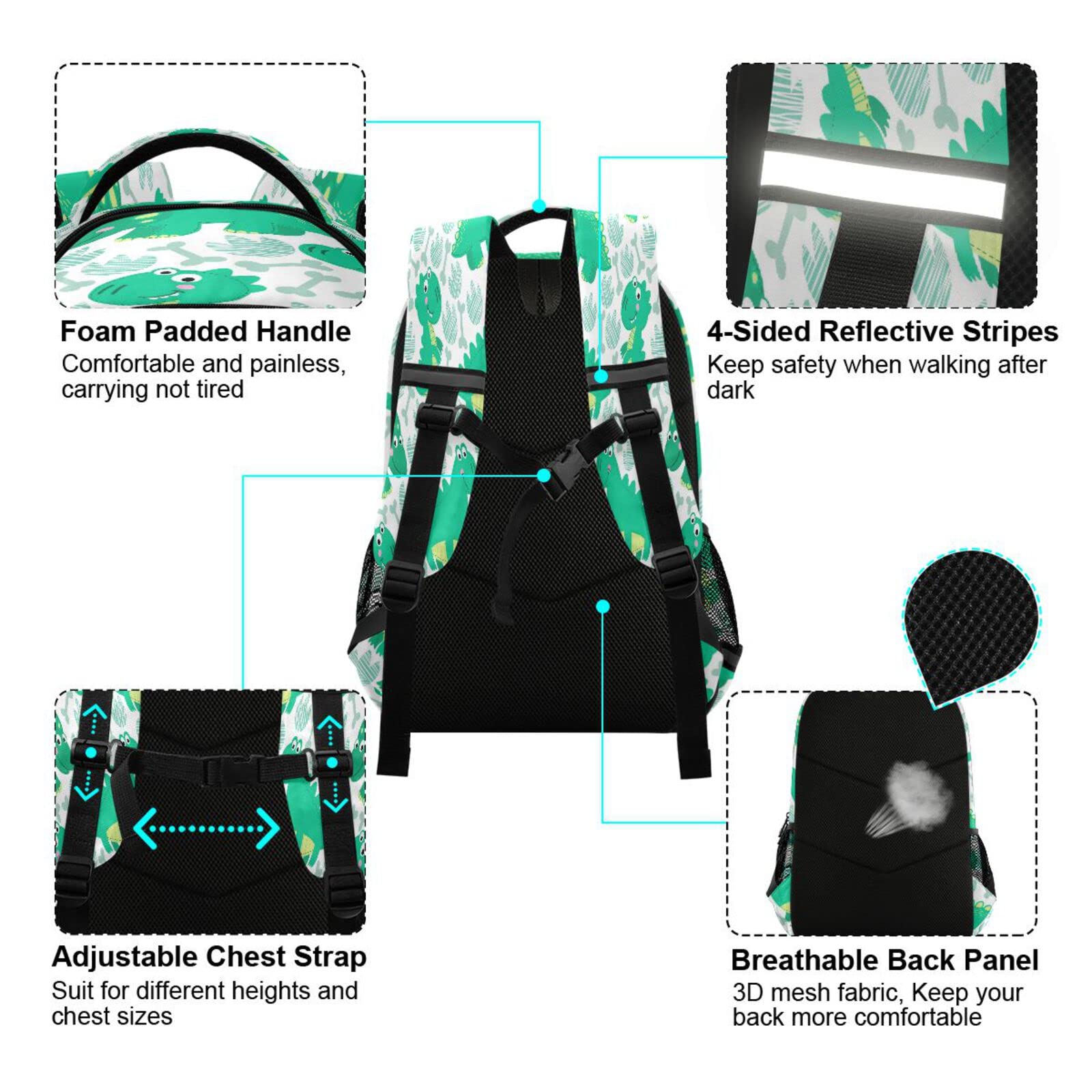 Custom Personalized Green Dinosaur Footprint Backpack - 16 Inch Laptop Bag with Double Zipper, Casual Daypack for School, Travel & Sports | Dino Bones Design Durable Backpack for Kids & Adults