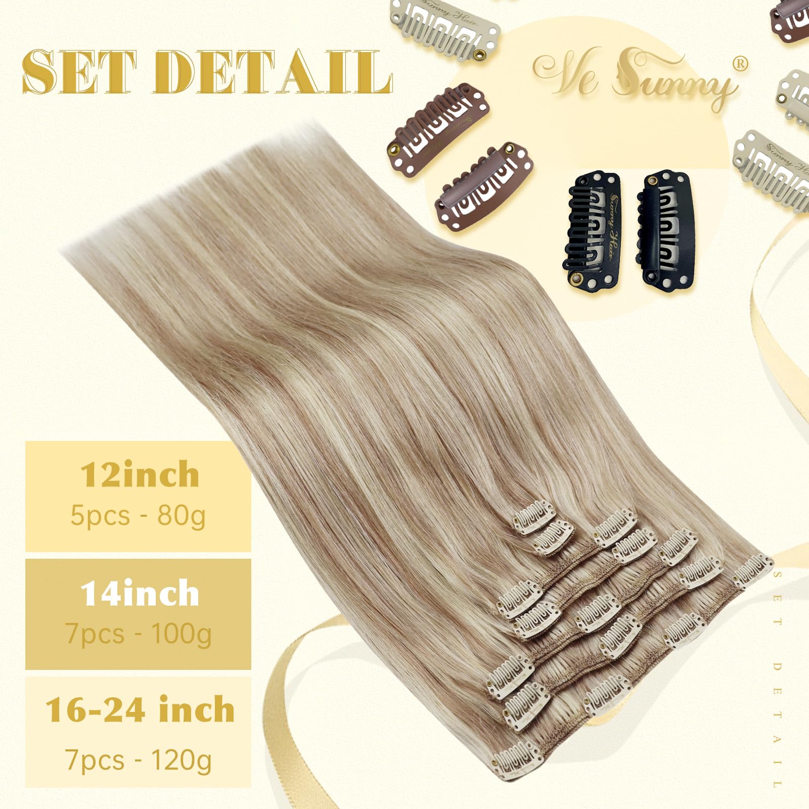 Ve Sunny Clip-In Human Hair Extensions - 18 Inch Ash Blonde Highlights with Bleach Blonde, 7pcs 120g Real Remy Hair for Women | Perfect for Parties, Weddings & Daily Styling
