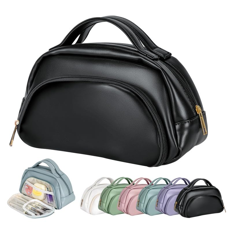 Stylish PU Leather Makeup Bag for Women & Teen Girls - Waterproof Travel Toiletry Organizer with Multiple Compartments & Handle | Perfect Cosmetic Case for Birthday Gifts, Daily Use & Travel Essentials