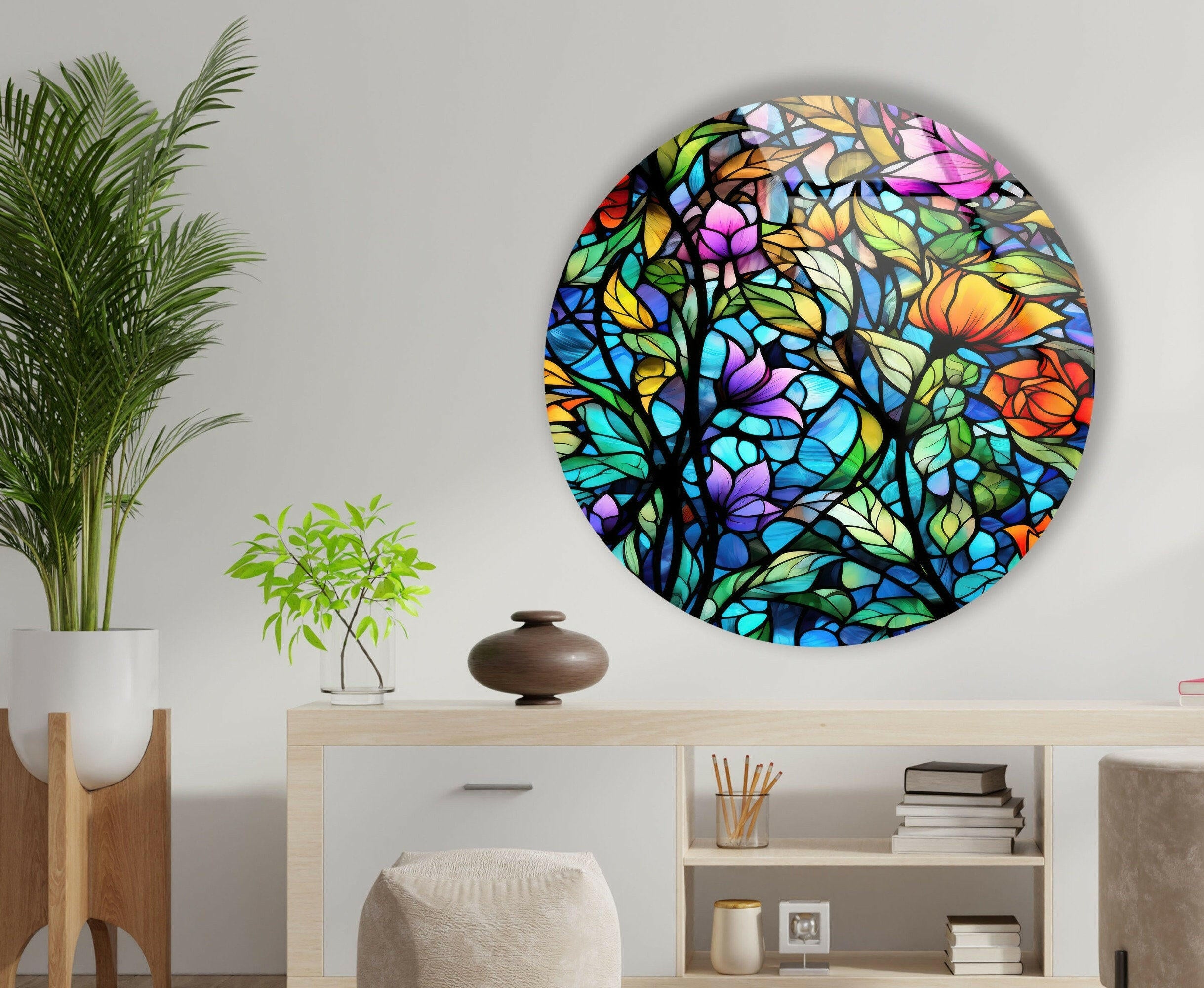 Vibrant Floral Stained Glass Round Wall Art - Handmade Decorative Piece for Living Room, Bedroom, or Office Décor