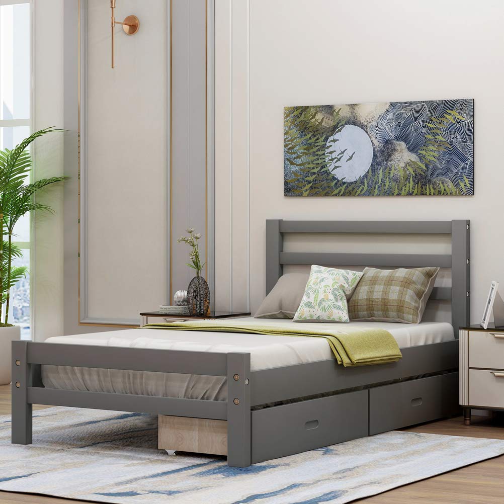 Solid Wood Twin Size Platform Bed Frame with Headboard, Footboard & 2 Storage Drawers - Modern Bed with Wooden Slats & Center Leg Support (Gray) - No Box Spring Needed for Bedroom, Guest Room or Dorm