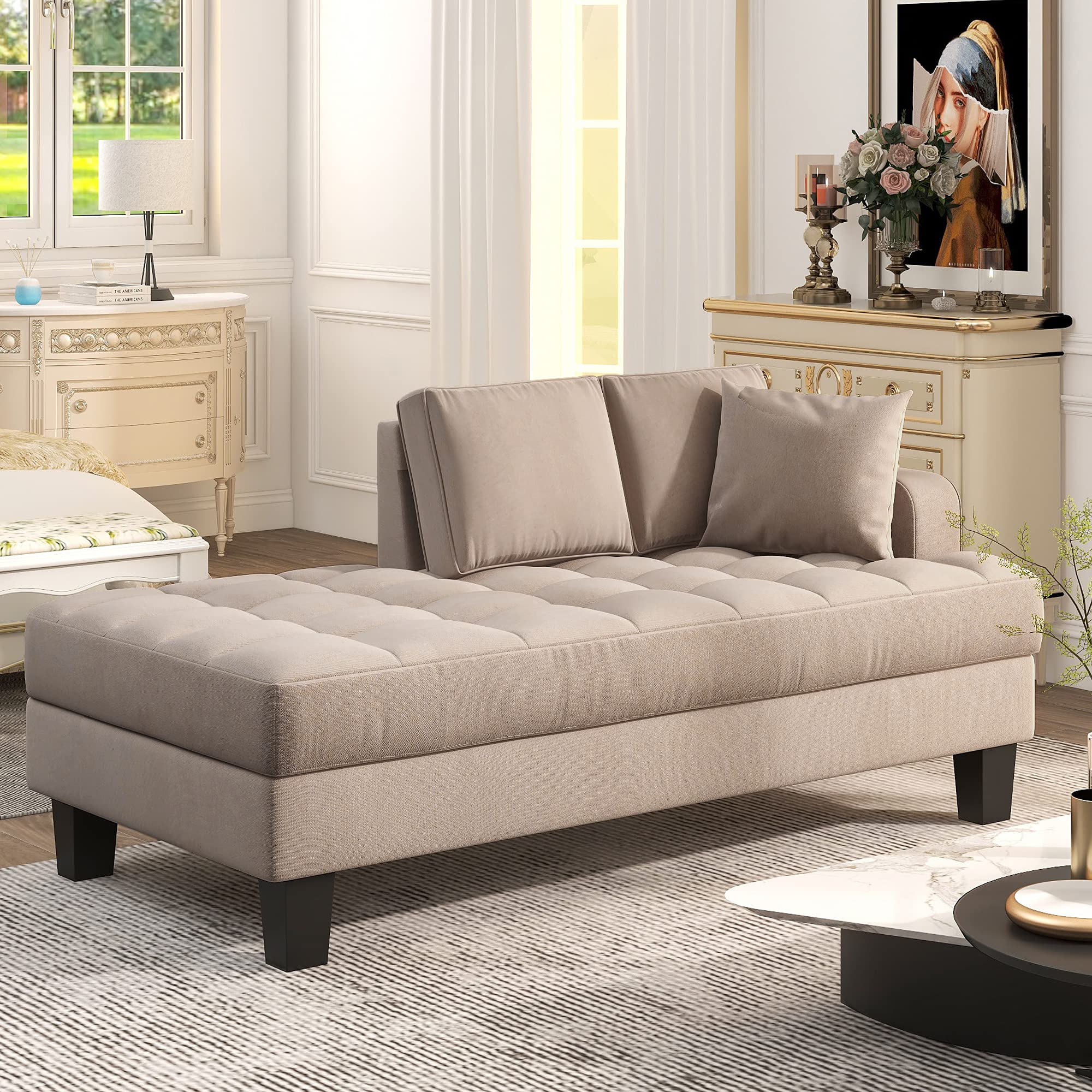 Merax Tufted Chaise Lounge - Upholstered Textured Fabric Sofa Chair with Toss Pillow for Bedroom, Living Room, Apartment & Small Spaces | Perfect for Relaxing, Reading & Napping