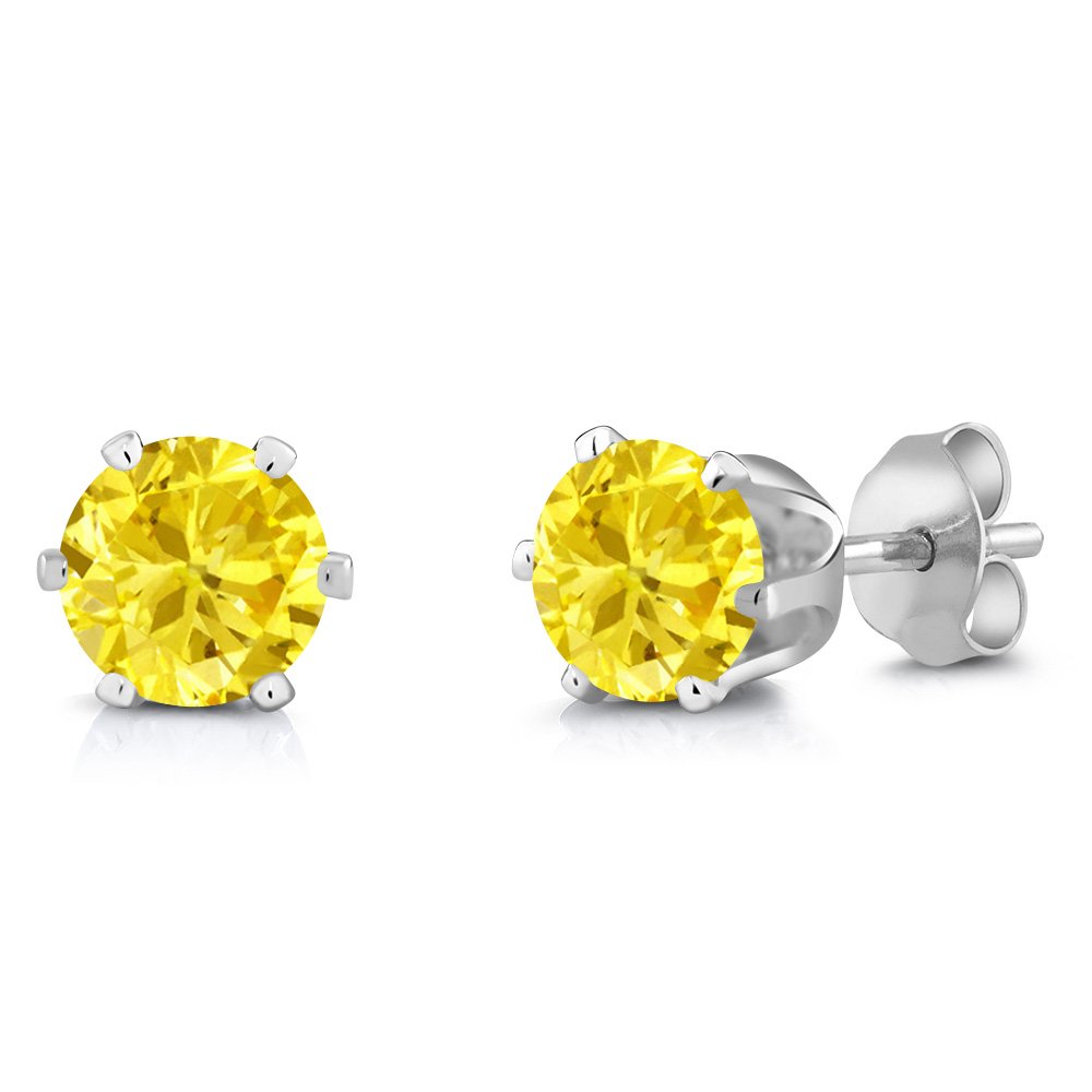 Gem Stone King 3.00 Cttw Yellow Zirconia Rhodium Plated Stud Earrings for Women & Men | Round 6MM Gemstone Birthstone Jewelry | Perfect for Birthdays, Anniversaries & Special Occasions
