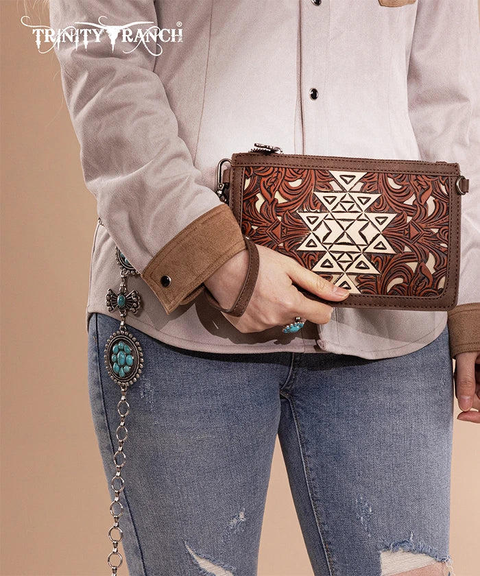 Trinity Ranch Aztec Tooled Leather Wristlet - Stylish Crossbody Wallet for Women | Perfect for Shopping, Travel & Everyday Use