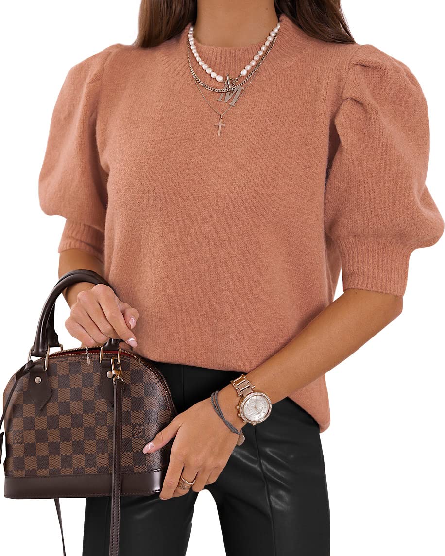 Trendy Women's Puff Short Sleeve Sweater Tops - 2025 Spring Summer Crew Neck Casual Blouse Shirts for Everyday Wear & Office Outfits