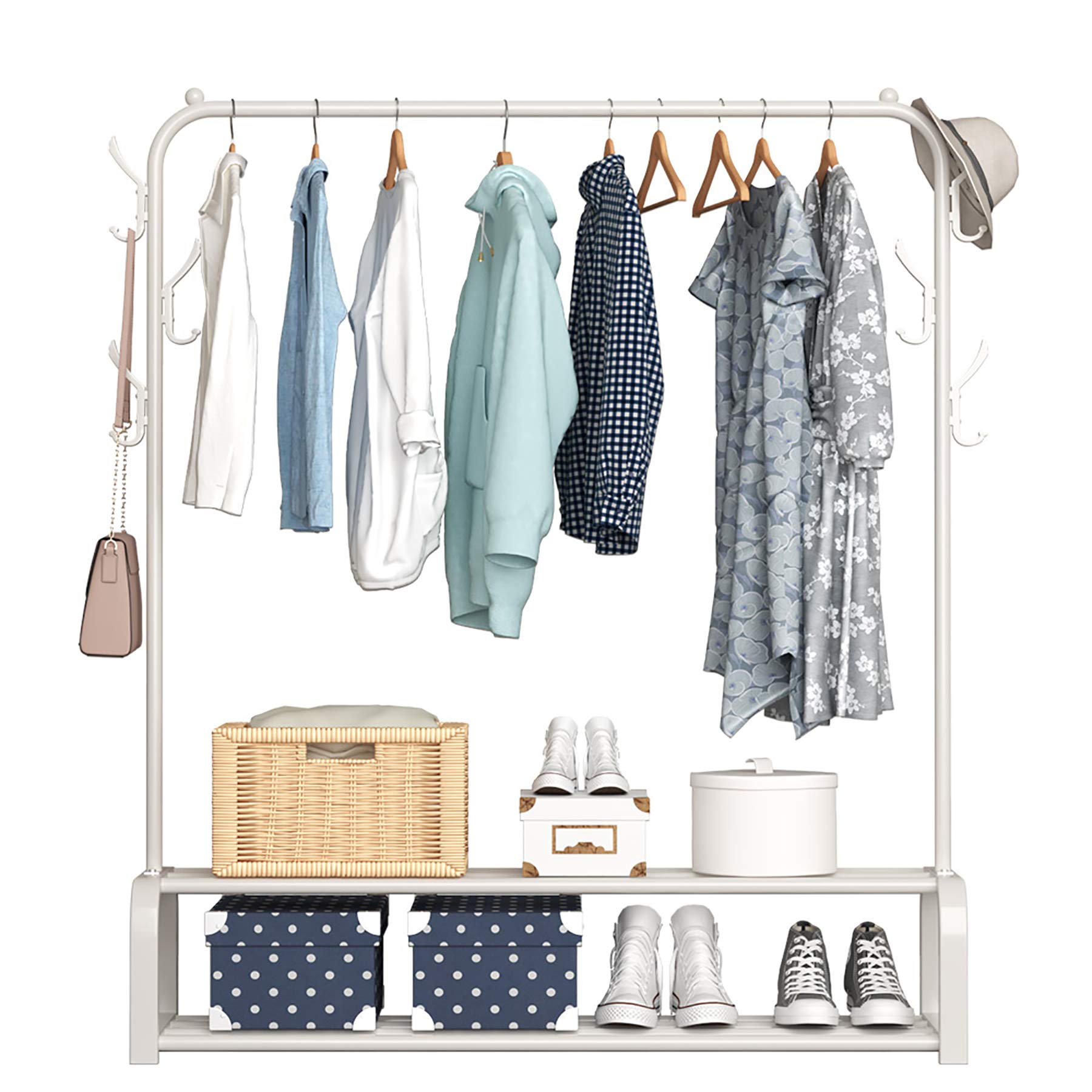 YAYI Freestanding Garment Rack with 2-Tier Storage Shelf & Side Hooks - White Clothes Hanger for Bedroom, Closet Organization & Laundry Room Storage